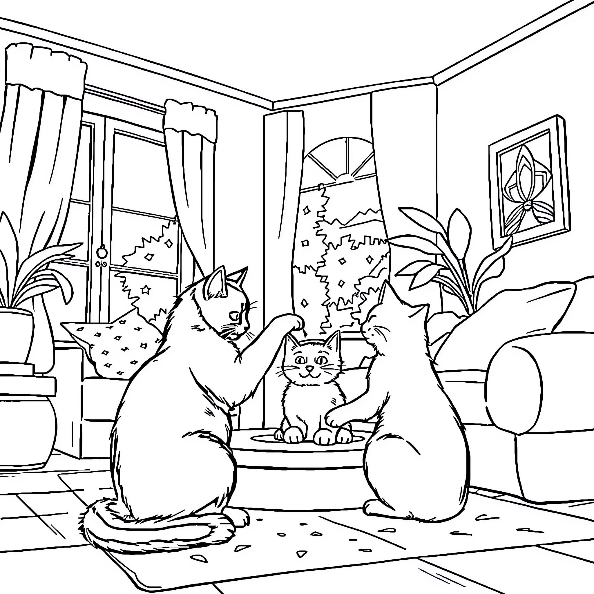Cats resting peacefully in a cozy indoor setting Coloring Page (free black-and-white line drawing printable PDF for all, from beginners to advanced learners, including children, teens, adults, and seniors)