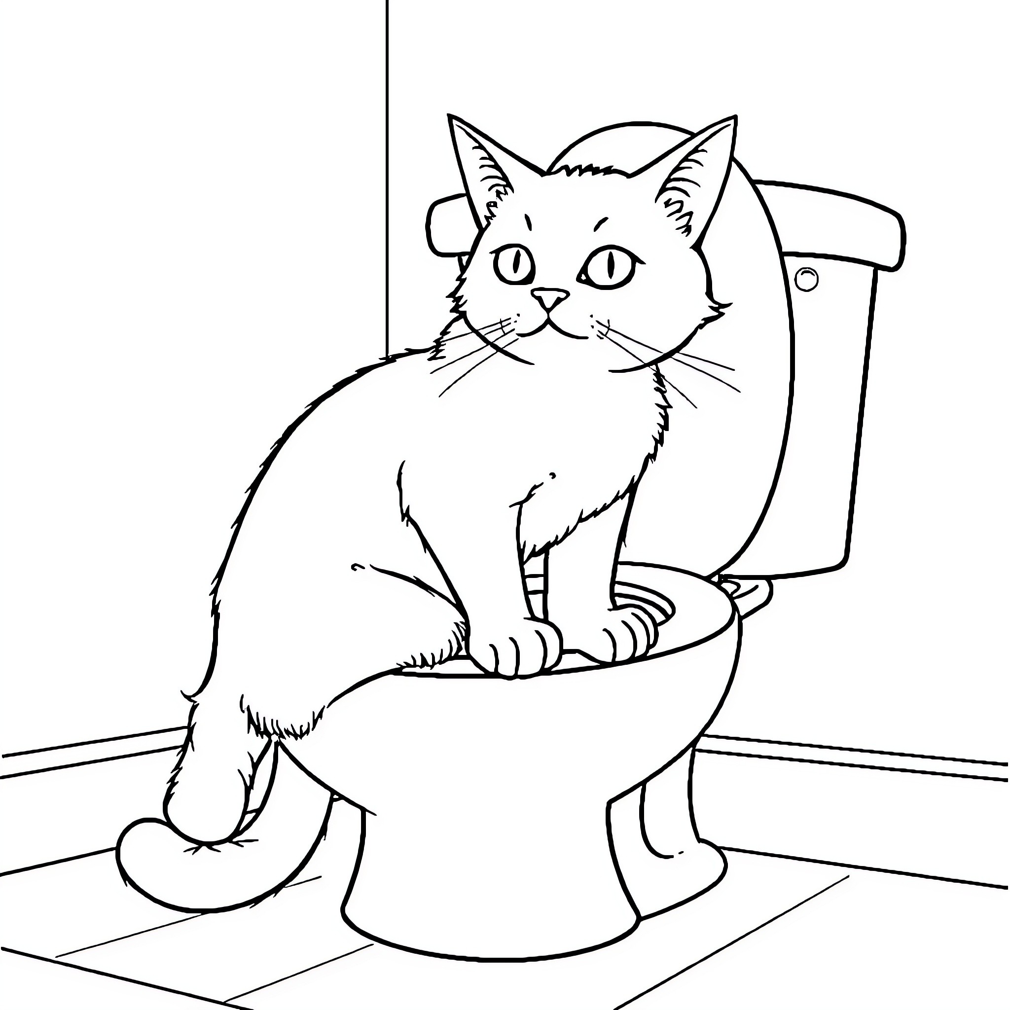 Cat sitting on toilet Coloring Page (free black-and-white line drawing printable PDF for all, from beginners to advanced learners, including children, teens, adults, and seniors)
