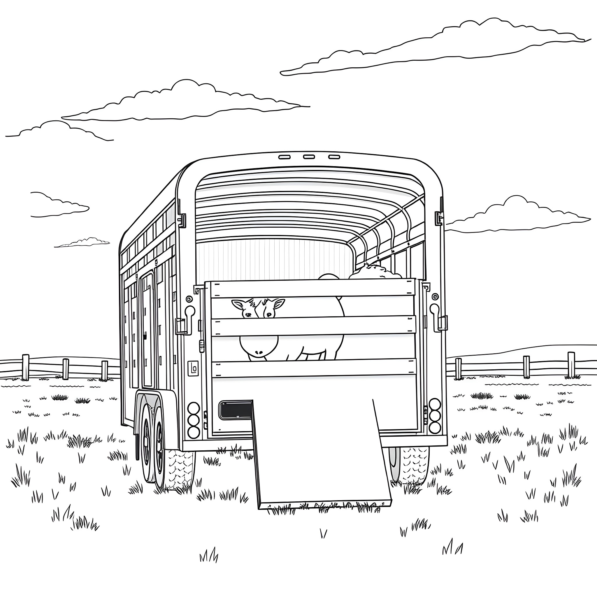 Livestock Trailer Carrying Animals on a Rural Road Coloring Page (free black-and-white line drawing printable PDF for all, from beginners to advanced learners, including children, teens, adults, and seniors)