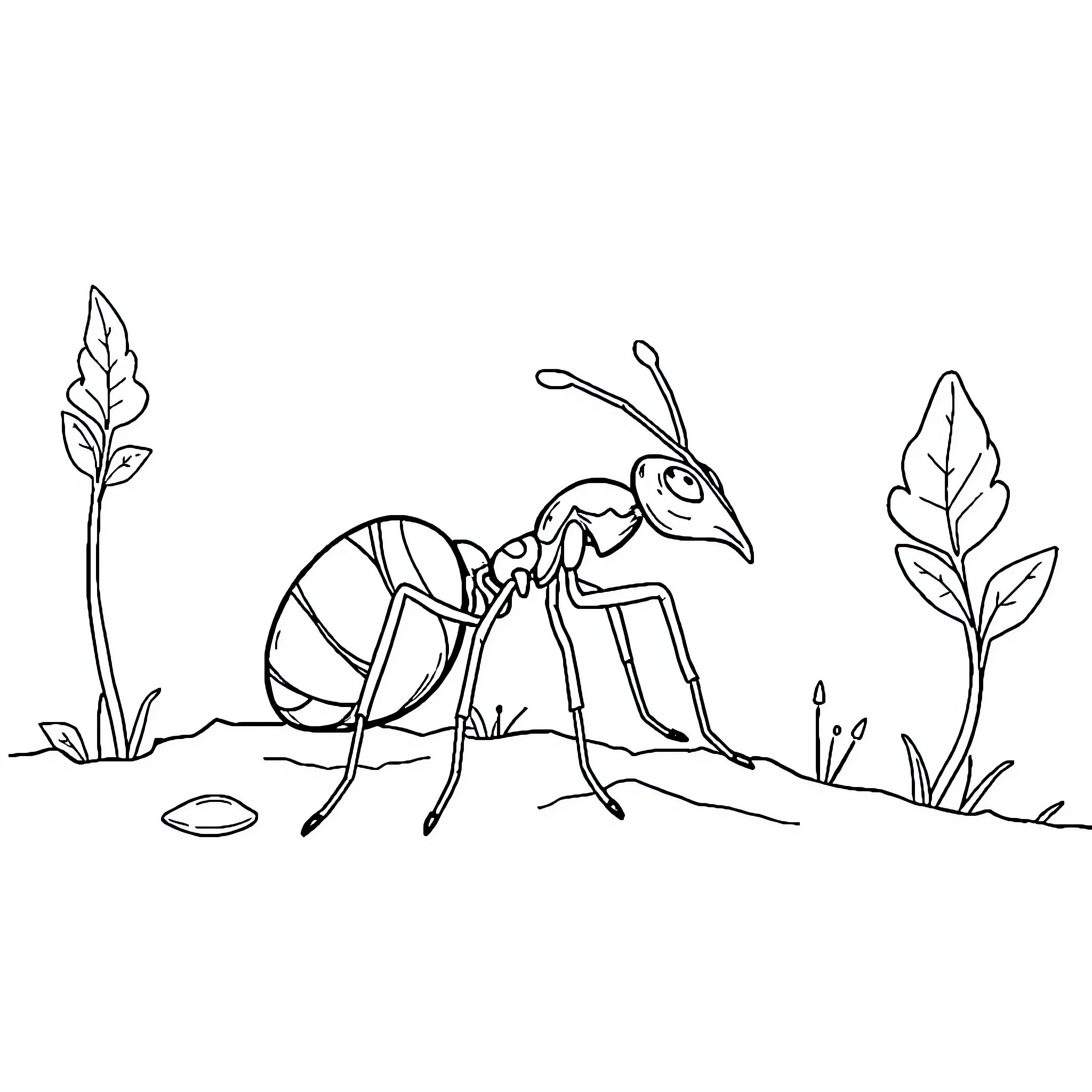 Ant exploring the natural environment Coloring Page (free black-and-white line drawing printable PDF for all, from beginners to advanced learners, including children, teens, adults, and seniors)