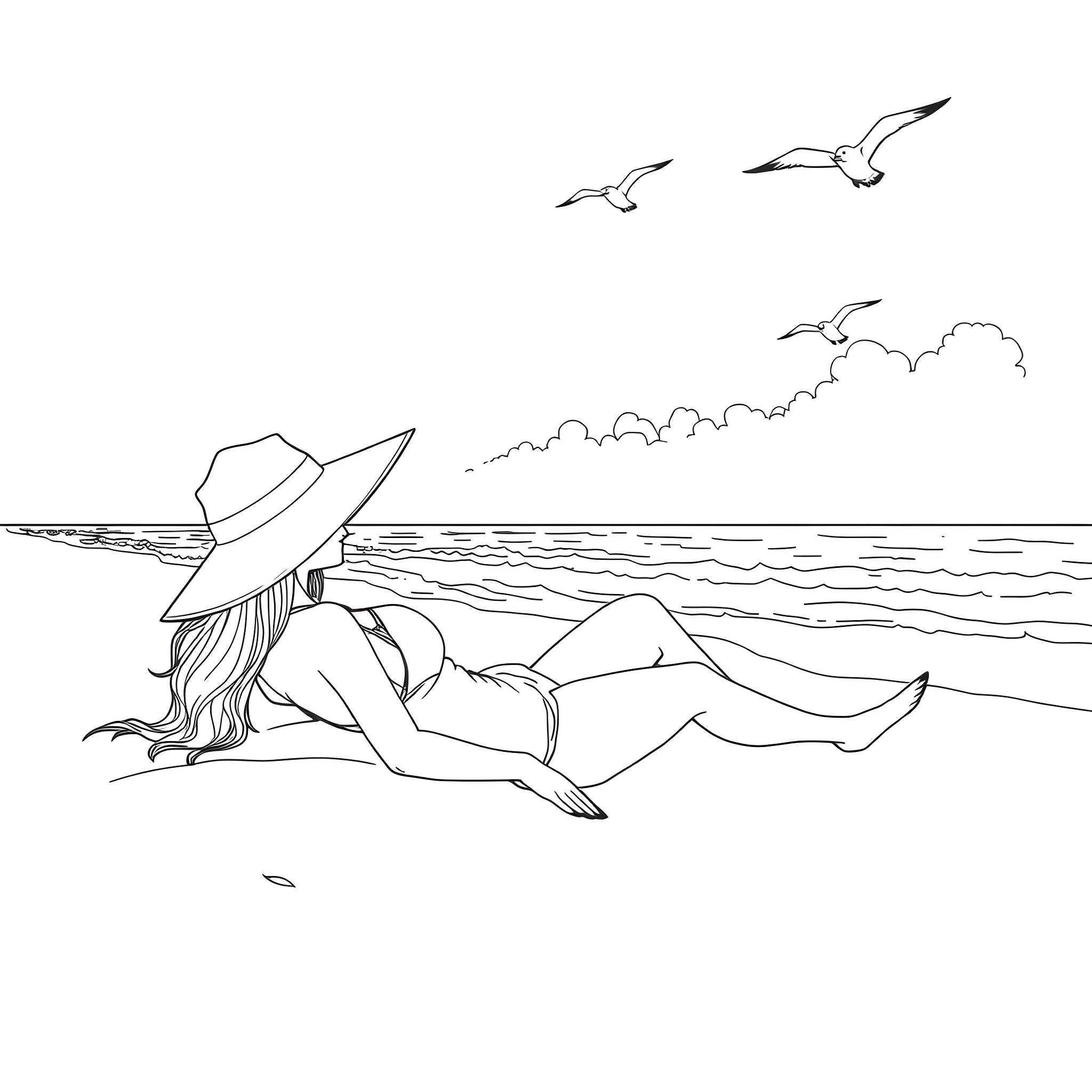 Woman relaxing on the beach with seagulls Coloring Page (free black-and-white line drawing printable PDF for all, from beginners to advanced learners, including children, teens, adults, and seniors)