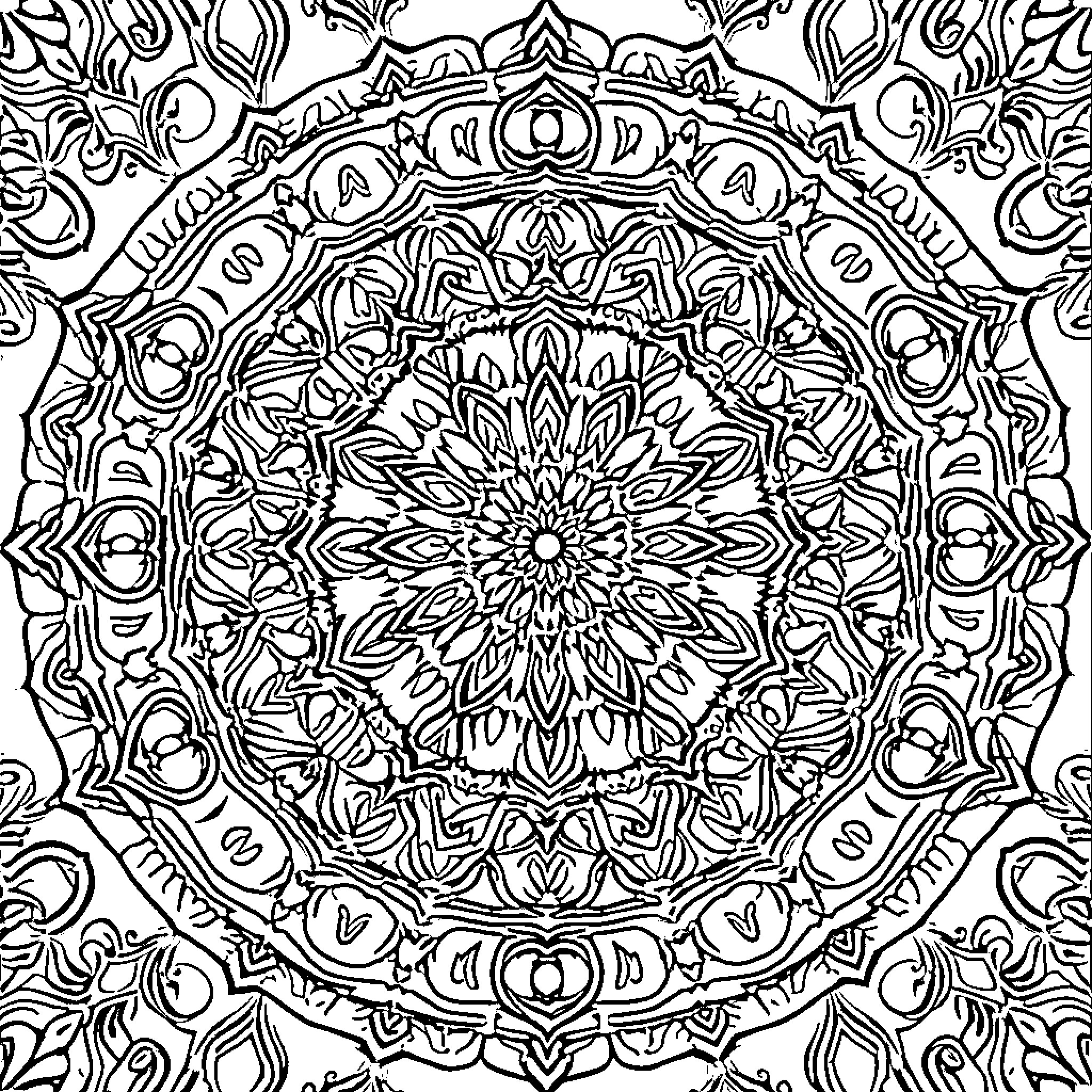 Mandala of intricate floral patterns and geometric shapes Coloring Page (free black-and-white line drawing printable PDF for all, from beginners to advanced learners, including children, teens, adults, and seniors)