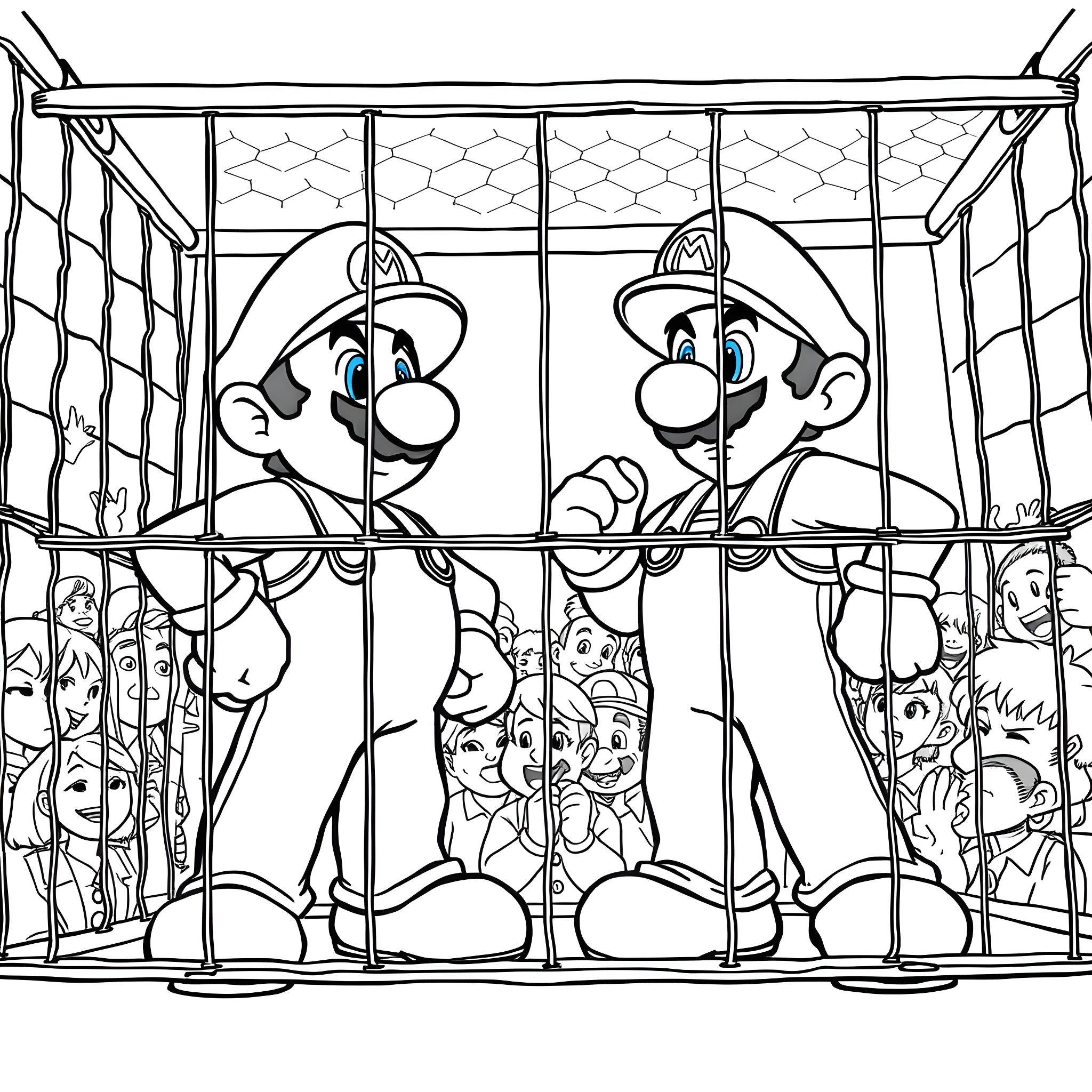 Mario brothers captured in a cage Coloring Page (free black-and-white line drawing printable PDF for all, from beginners to advanced learners, including children, teens, adults, and seniors)