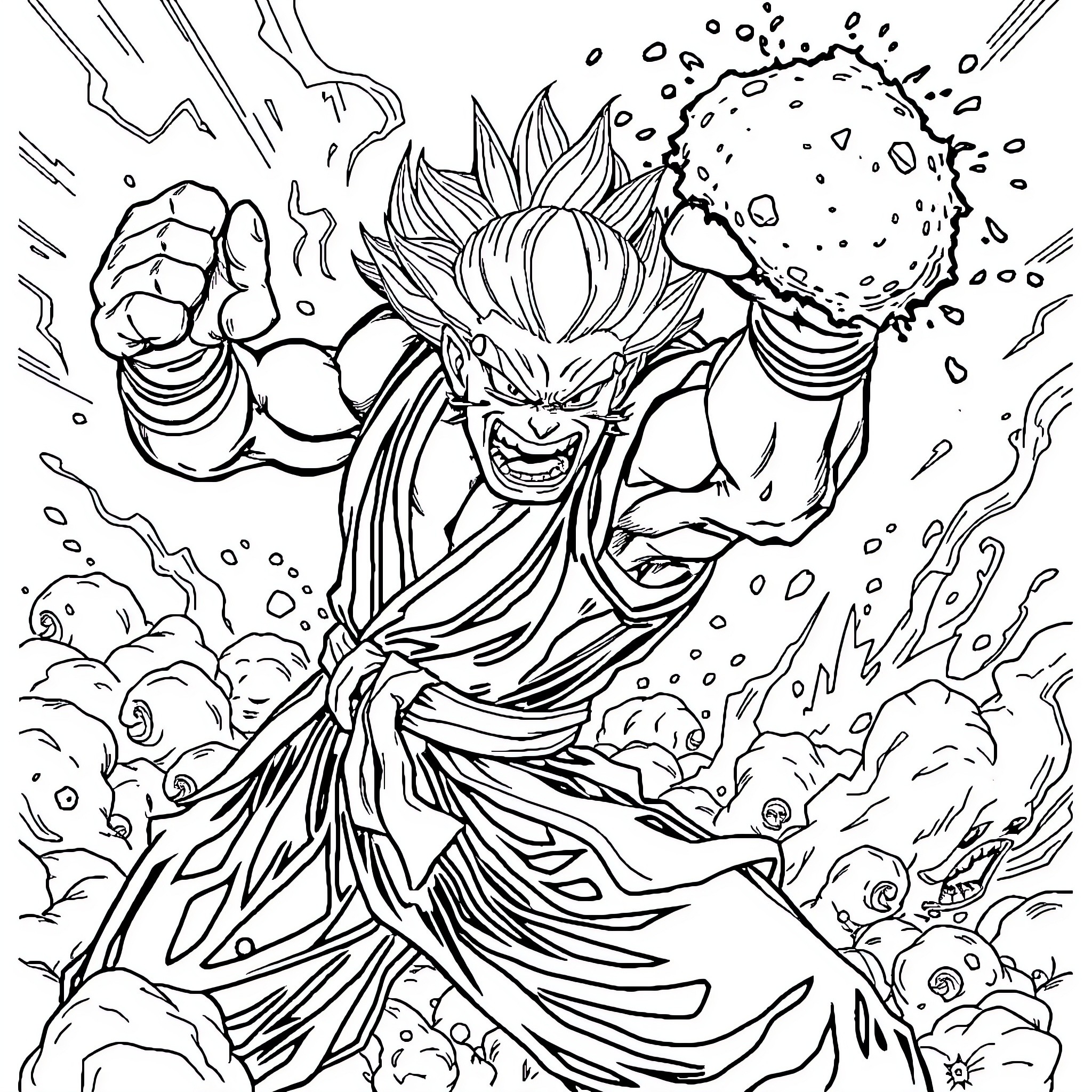 Sangoku's Fierce Transformation in Battle Coloring Page (free black-and-white line drawing printable PDF for all, from beginners to advanced learners, including children, teens, adults, and seniors)