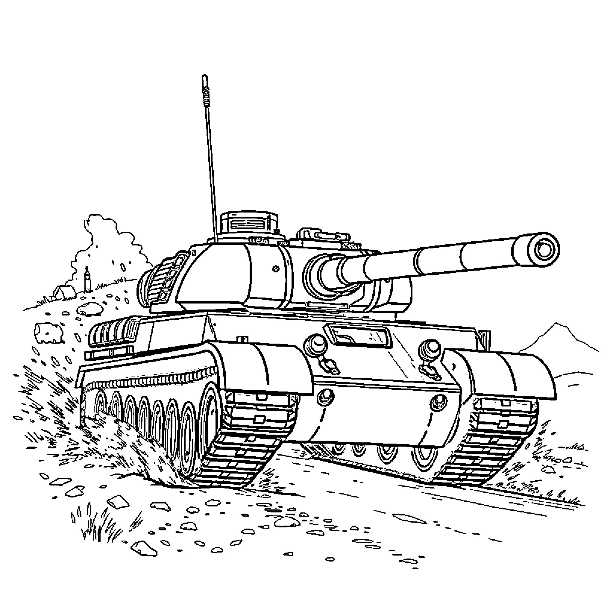 Tank engaging in military combat on the battlefield Coloring Page (free black-and-white line drawing printable PDF for all, from beginners to advanced learners, including children, teens, adults, and seniors)
