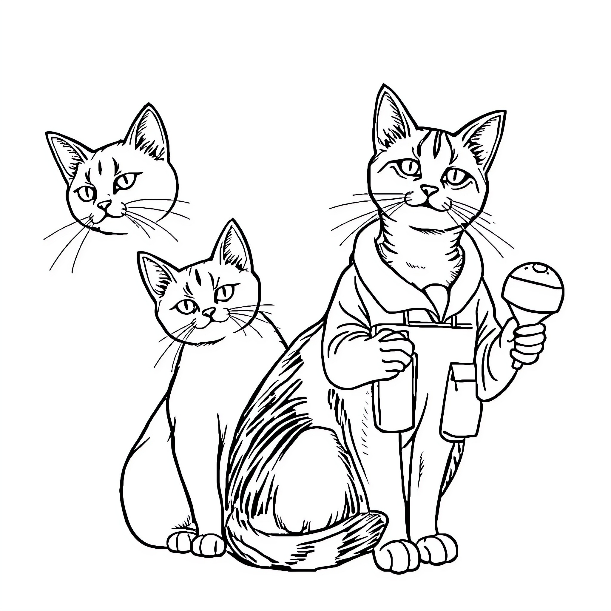 Cats Holding Microphones on Stage Coloring Page (free black-and-white line drawing printable PDF for all, from beginners to advanced learners, including children, teens, adults, and seniors)