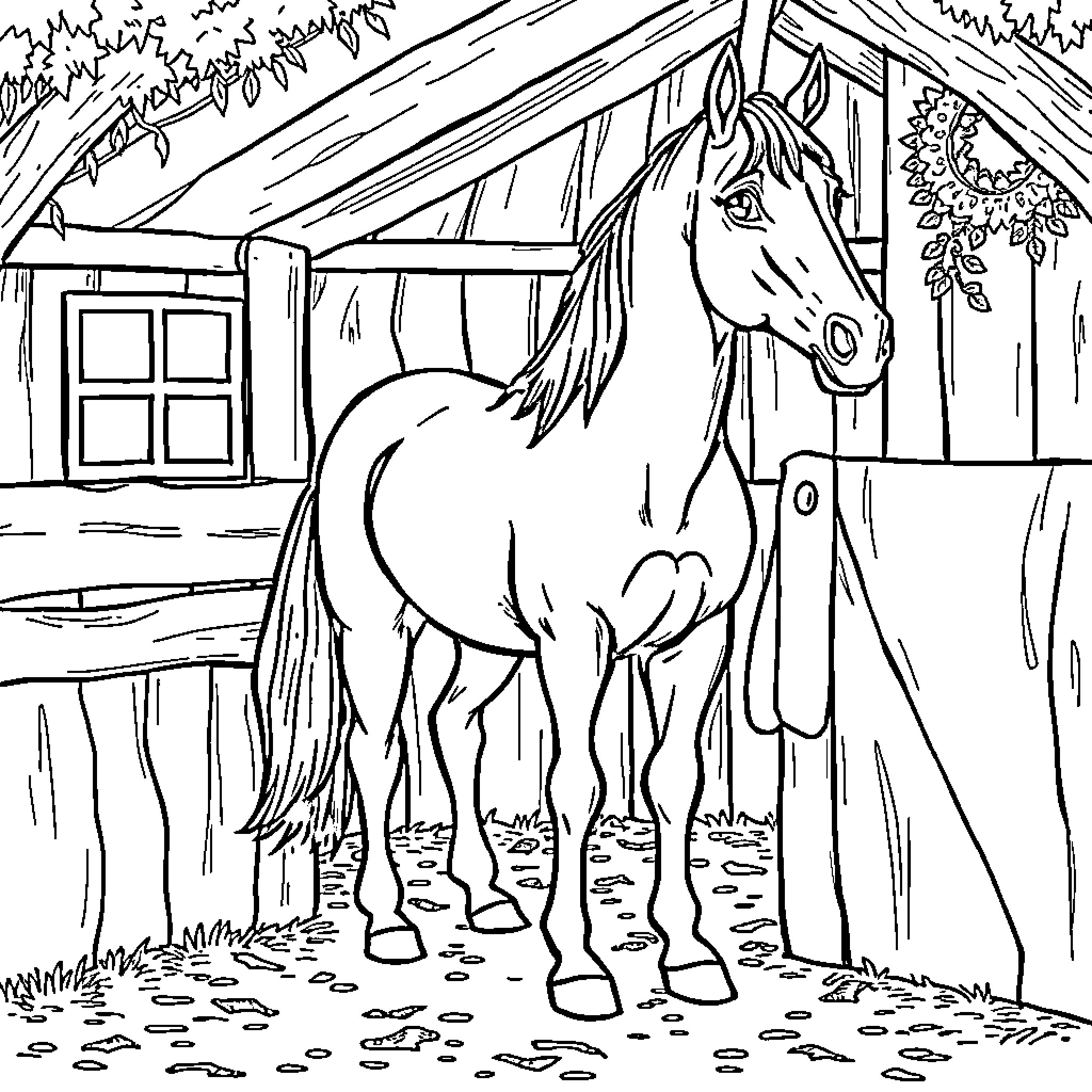 Horse standing near a rural barn Coloring Page (free black-and-white line drawing printable PDF for all, from beginners to advanced learners, including children, teens, adults, and seniors)