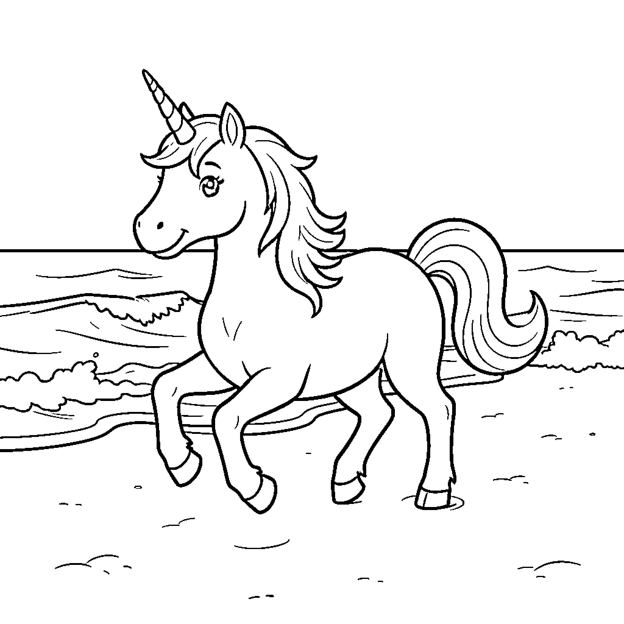Unicorn walking happily along the sandy beach Coloring Page (free black-and-white line drawing printable PDF for all, from beginners to advanced learners, including children, teens, adults, and seniors)