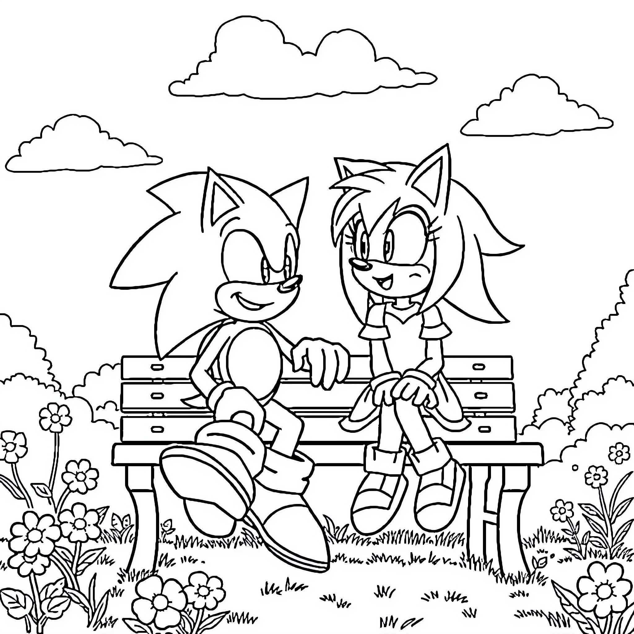 Sonic Characters Enjoying a Peaceful Day Outdoors Coloring Page (free black-and-white line drawing printable PDF for all, from beginners to advanced learners, including children, teens, adults, and seniors)