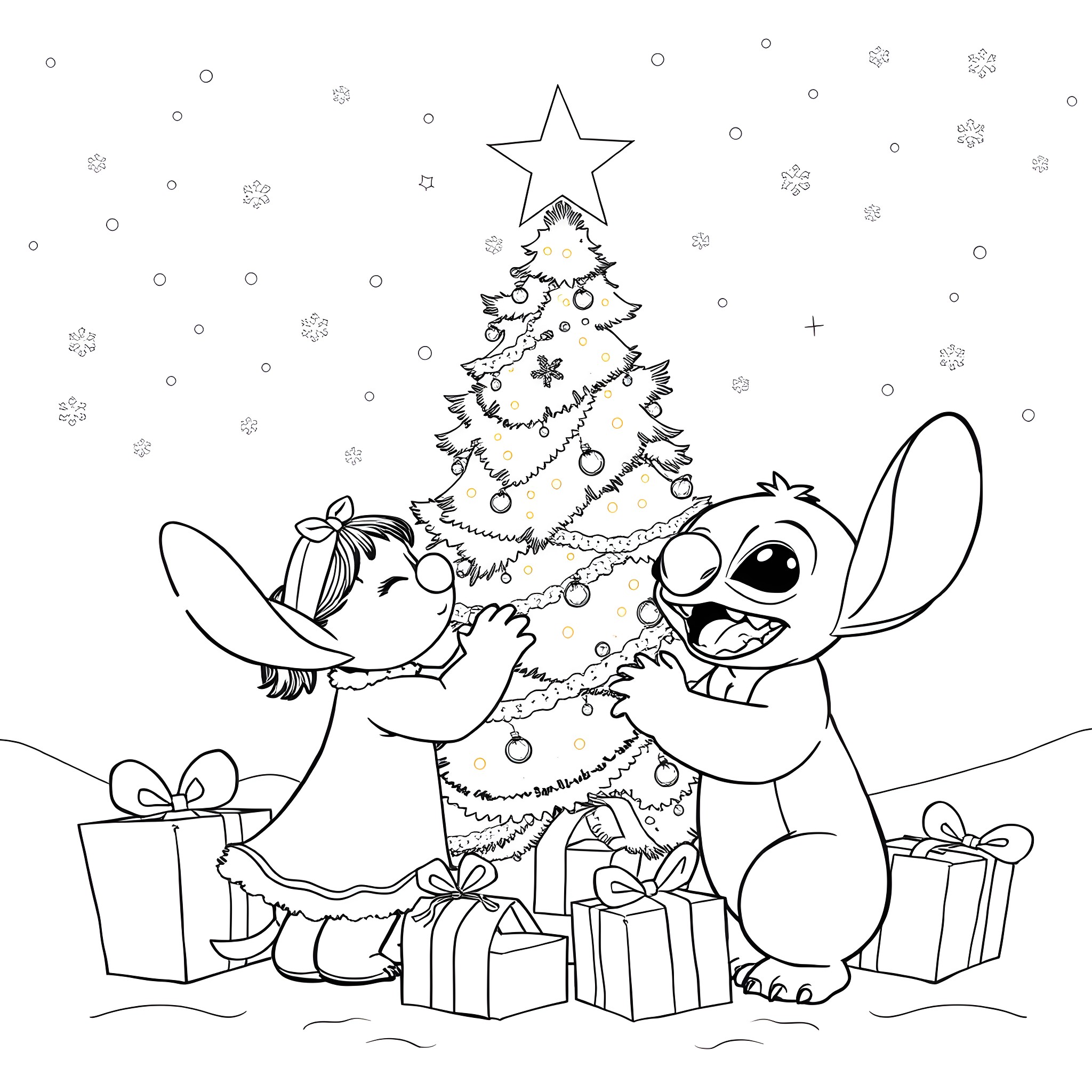 Lilo and Stitch decorate Christmas tree with presents Coloring Page (free black-and-white line drawing printable PDF for all, from beginners to advanced learners, including children, teens, adults, and seniors)
