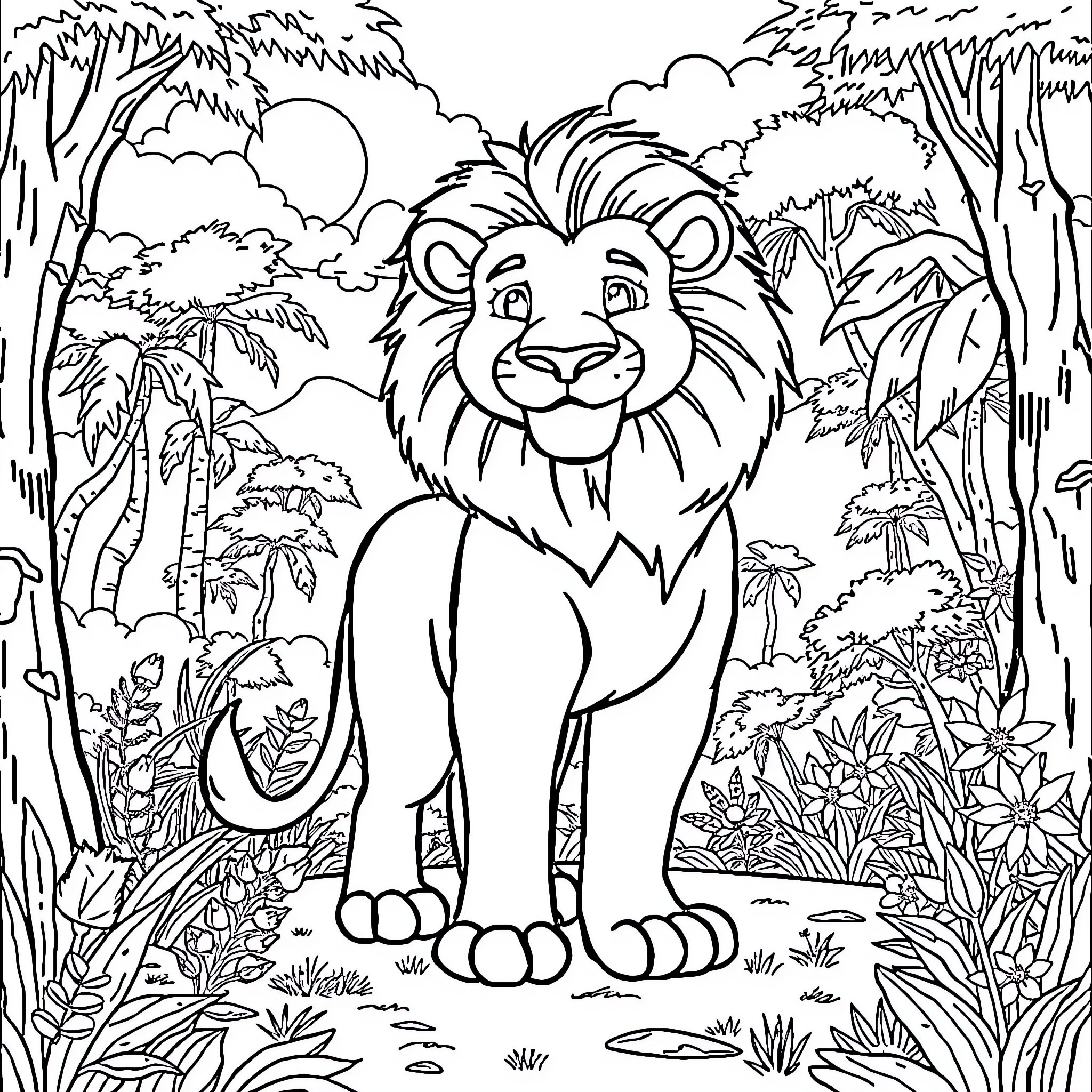 Lion standing in lush jungle landscape Coloring Page (free black-and-white line drawing printable PDF for all, from beginners to advanced learners, including children, teens, adults, and seniors)