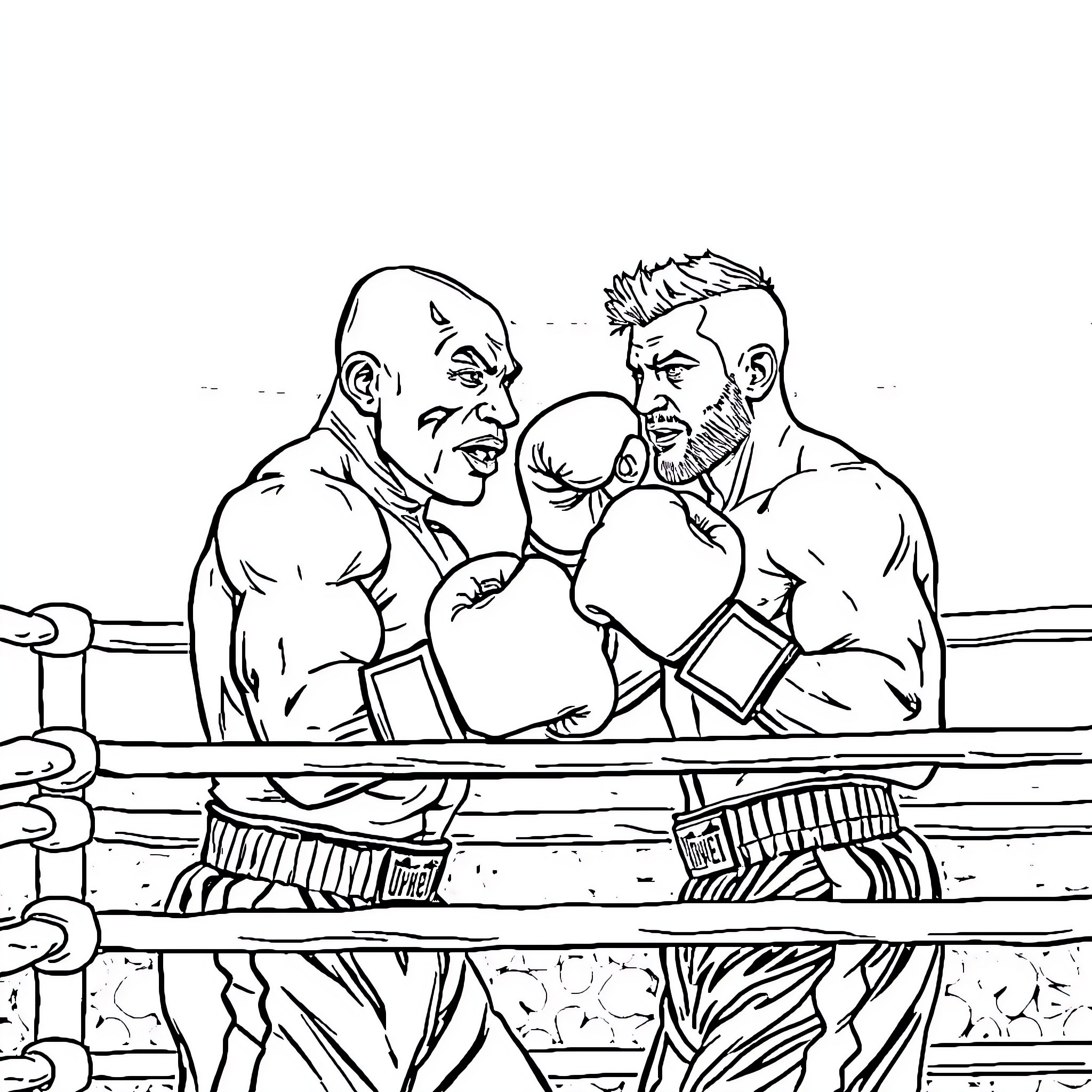 Boxer competitors engaging in intense match Coloring Page (free black-and-white line drawing printable PDF for all, from beginners to advanced learners, including children, teens, adults, and seniors)