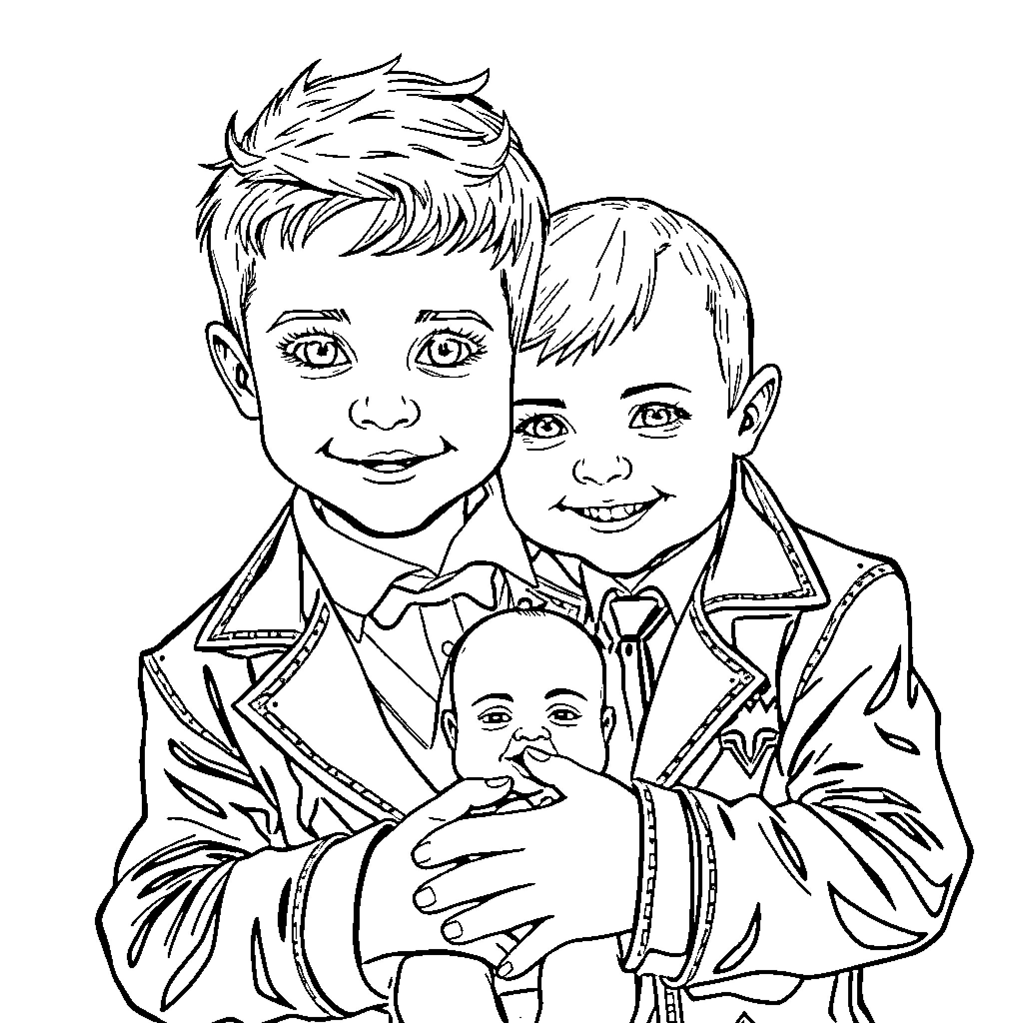 Toddler boys enjoying time together Coloring Page (free black-and-white line drawing printable PDF for all, from beginners to advanced learners, including children, teens, adults, and seniors)