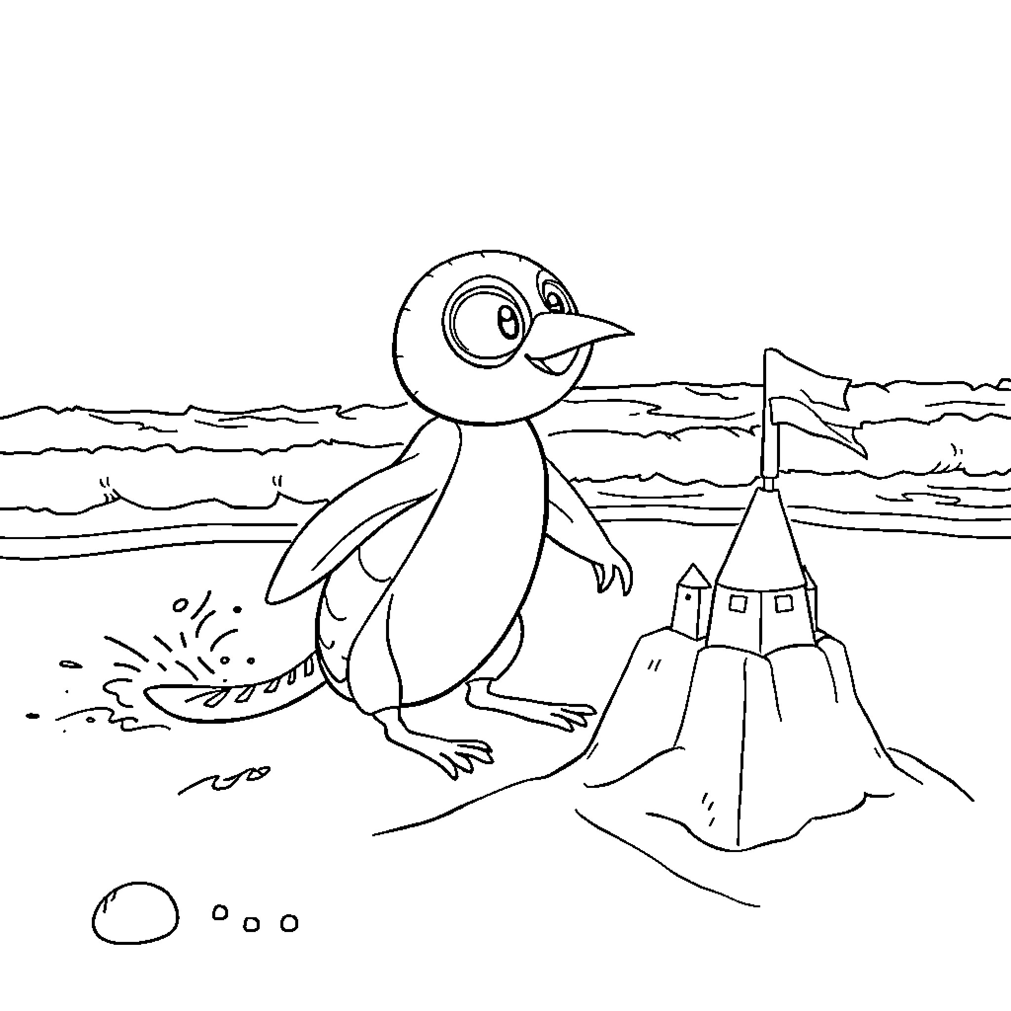 Paw Patrol Penguin Exploring the Beach Coloring Page (free black-and-white line drawing printable PDF for all, from beginners to advanced learners, including children, teens, adults, and seniors)