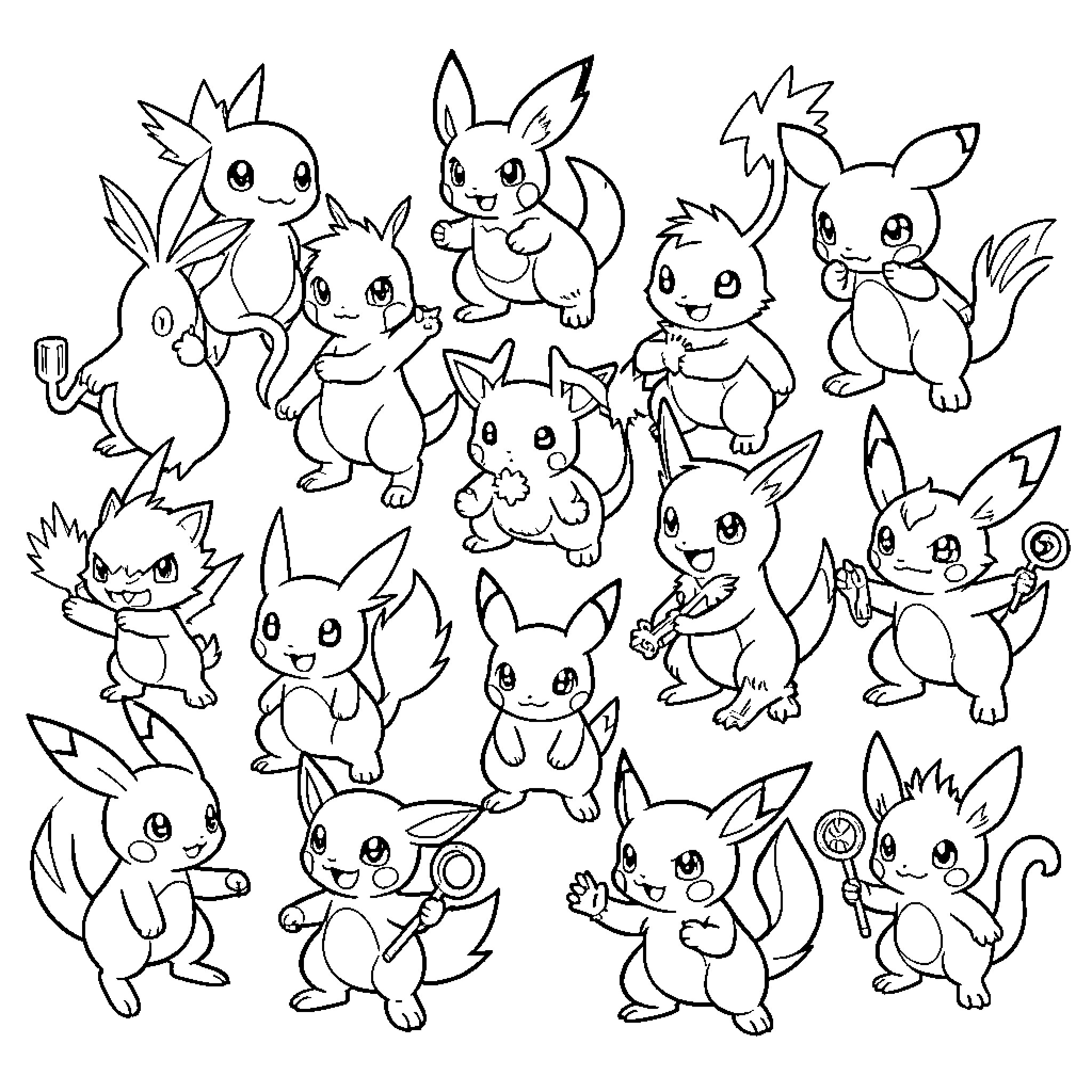 Pokémon characters posing and playing together in a group Coloring Page (free black-and-white line drawing printable PDF for all, from beginners to advanced learners, including children, teens, adults, and seniors)