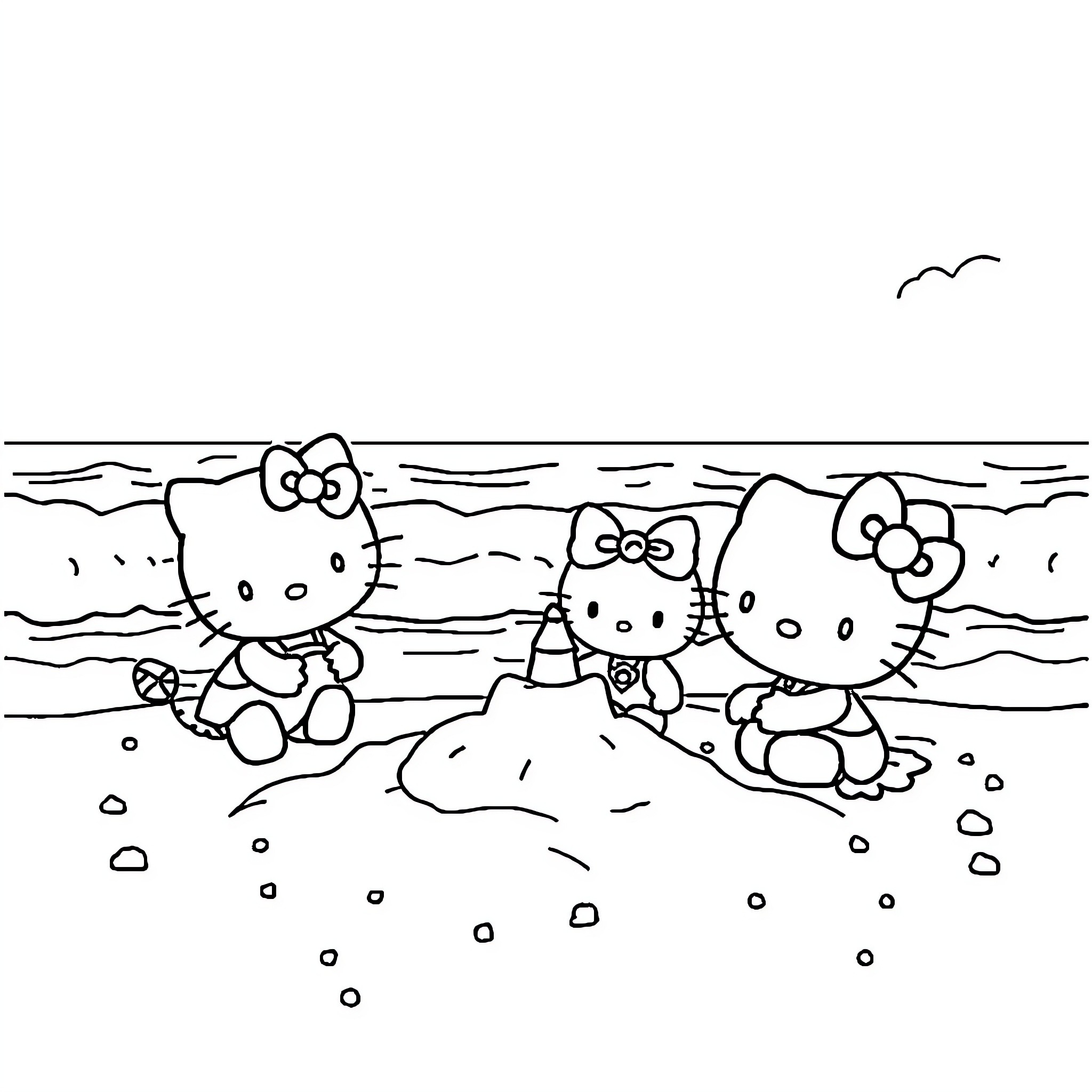 Hello Kitty and Friends at the Beach Coloring Page (free black-and-white line drawing printable PDF for all, from beginners to advanced learners, including children, teens, adults, and seniors)