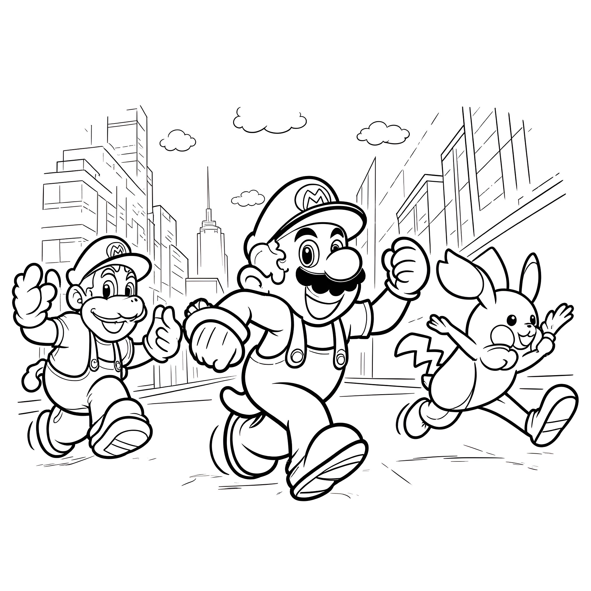 Super Mario and Friends Explore the City Coloring Page (free black-and-white line drawing printable PDF for all, from beginners to advanced learners, including children, teens, adults, and seniors)