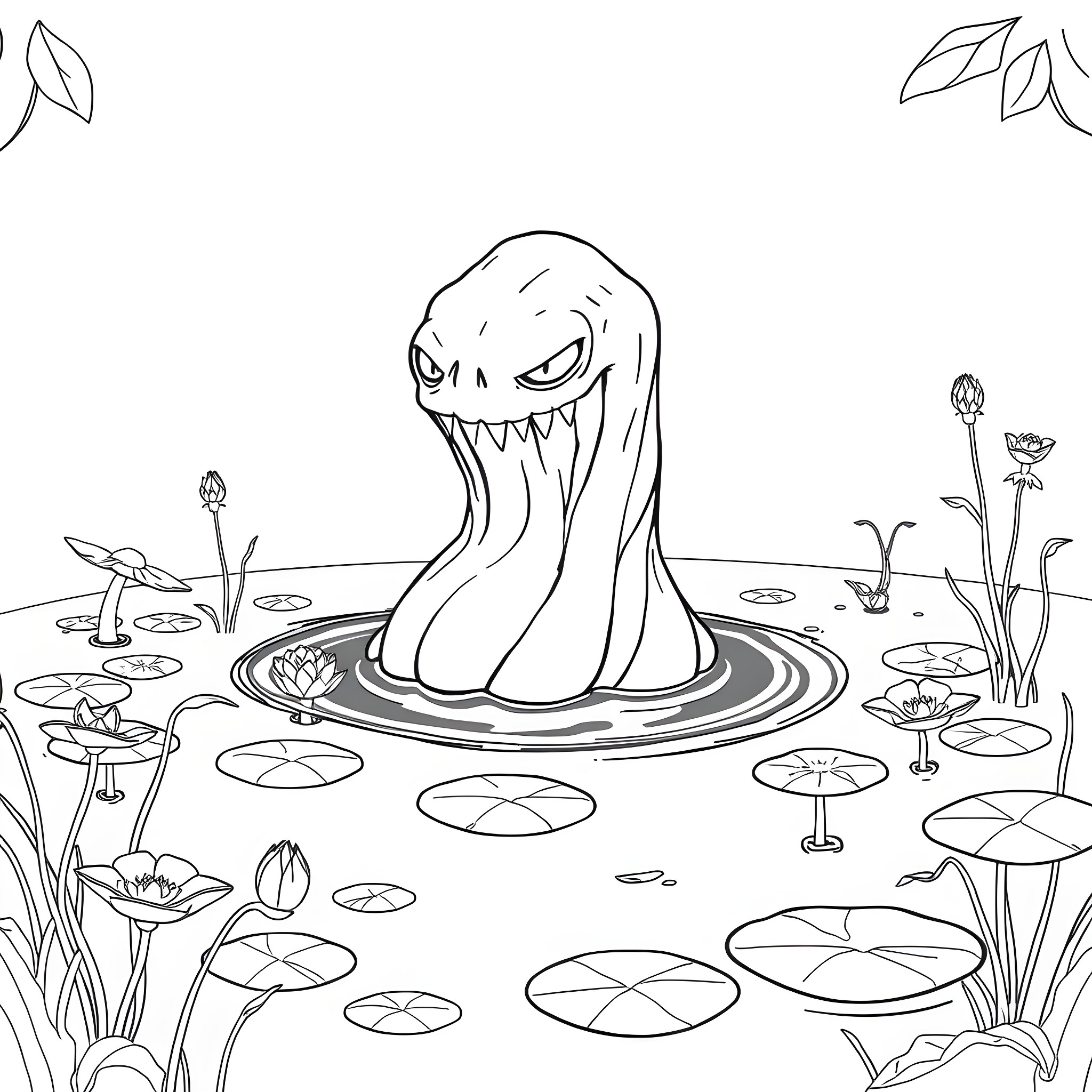 Slime Monster Emerging from Lilly Pad Pond Coloring Page (free black-and-white line drawing printable PDF for all, from beginners to advanced learners, including children, teens, adults, and seniors)