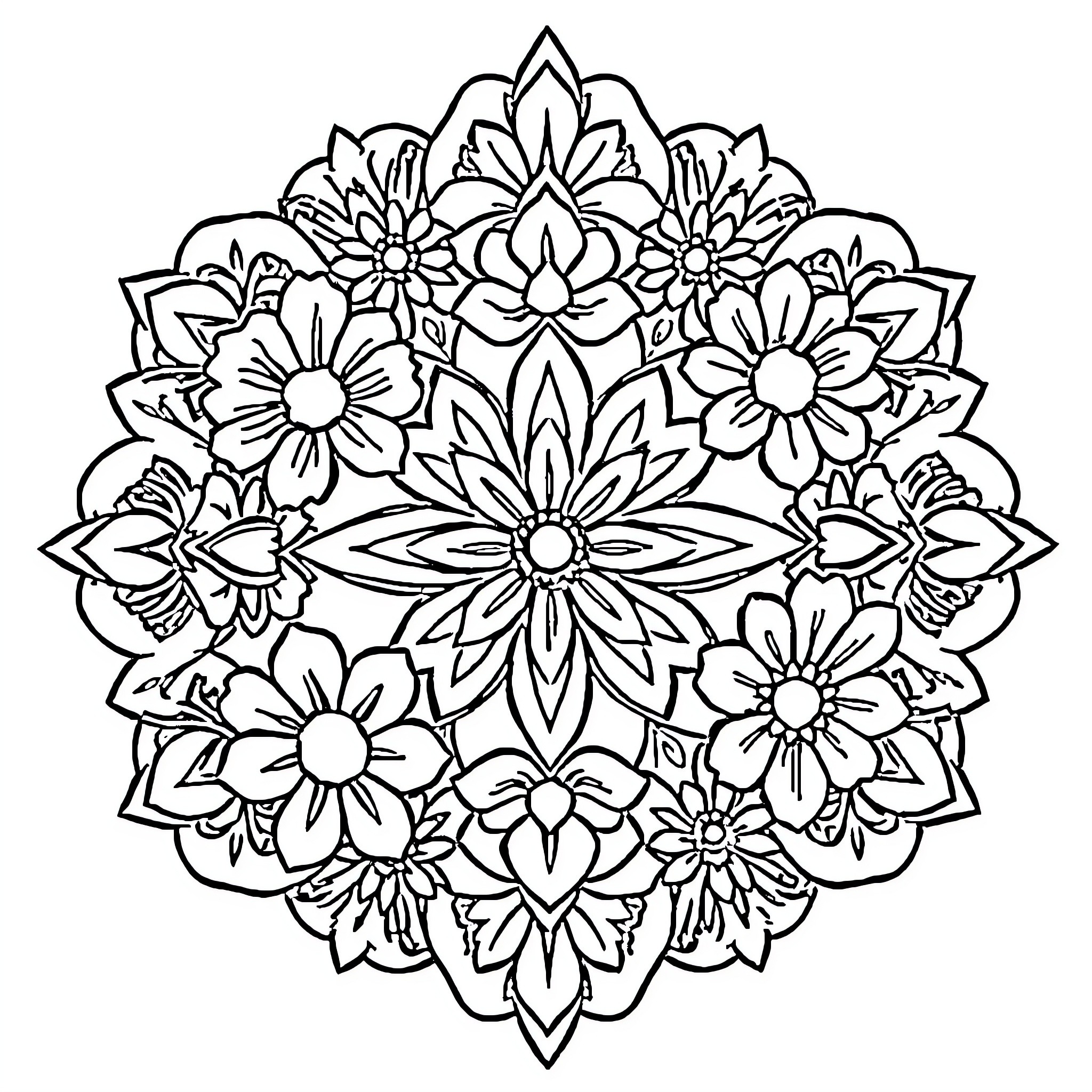 Mandala of Intricate Floral Patterns Coloring Page (free black-and-white line drawing printable PDF for all, from beginners to advanced learners, including children, teens, adults, and seniors)
