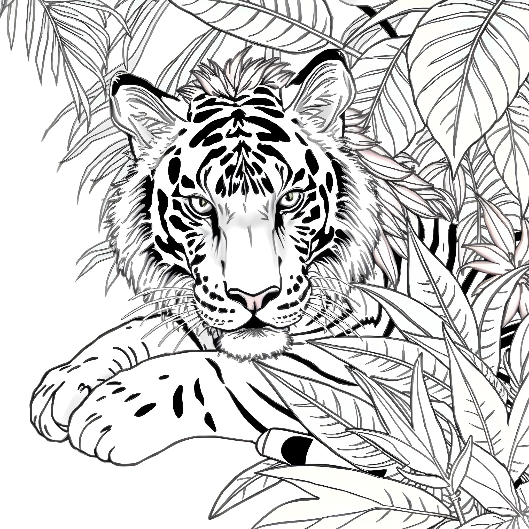 Tiger resting peacefully in tropical foliage Coloring Page (free black-and-white line drawing printable PDF for all, from beginners to advanced learners, including children, teens, adults, and seniors)