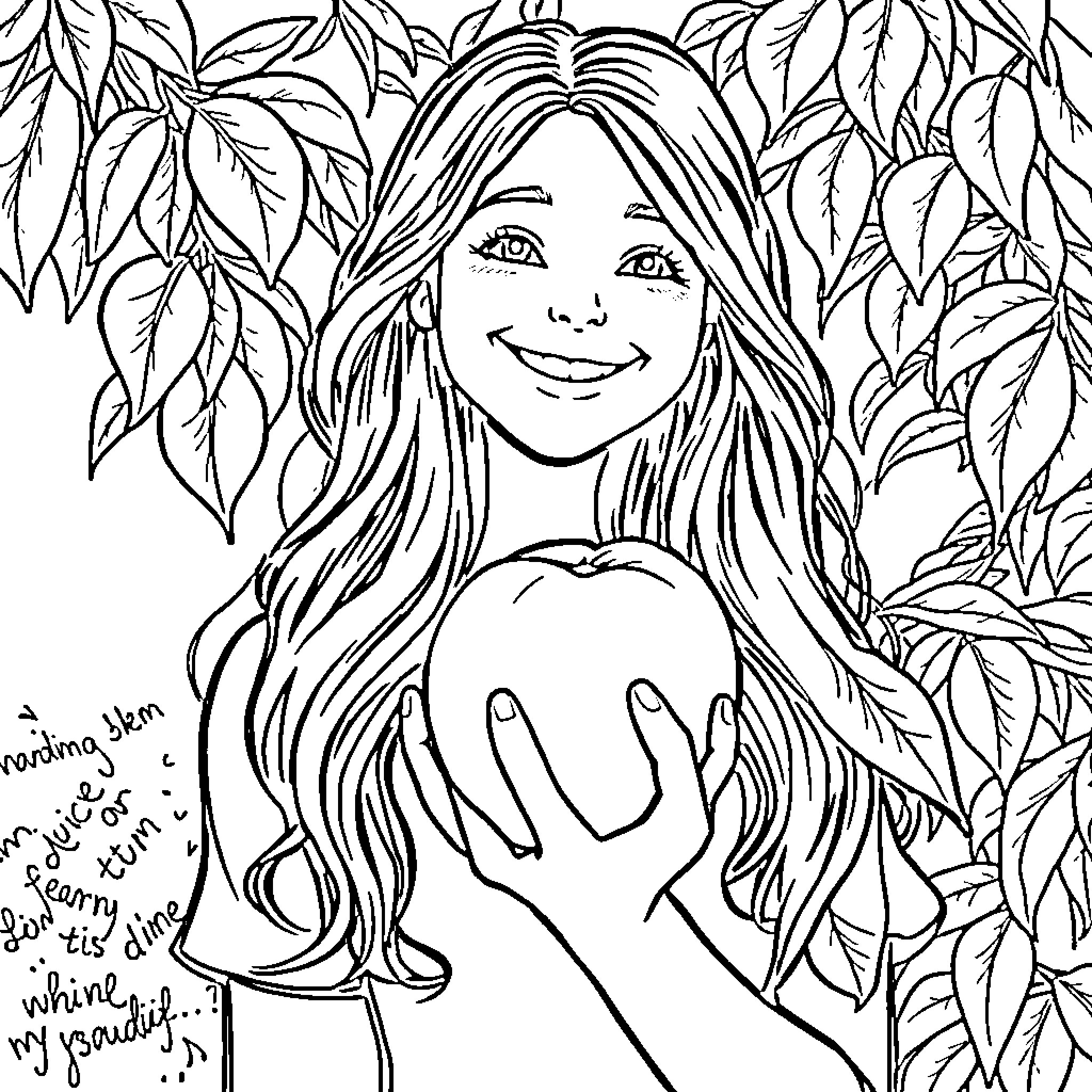 Girl surrounded by nature with a warm expression Coloring Page (free black-and-white line drawing printable PDF for all, from beginners to advanced learners, including children, teens, adults, and seniors)