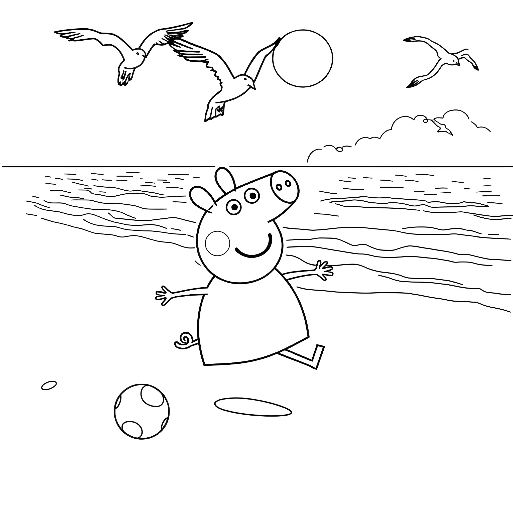 Peppa Pig playing at the beach with seagulls Coloring Page (free black-and-white line drawing printable PDF for all, from beginners to advanced learners, including children, teens, adults, and seniors)