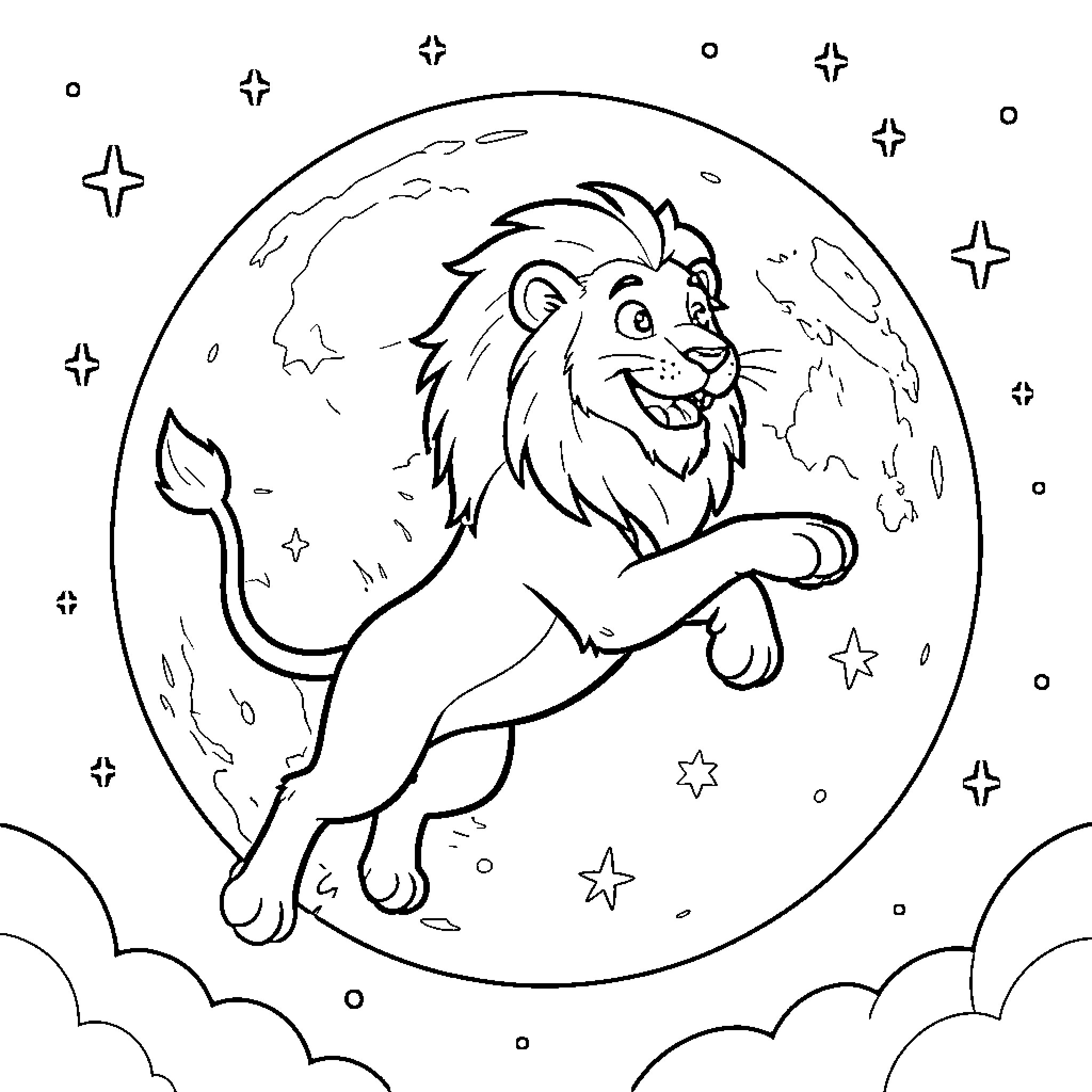 Lion standing proudly under the starry night sky Coloring Page (free black-and-white line drawing printable PDF for all, from beginners to advanced learners, including children, teens, adults, and seniors)