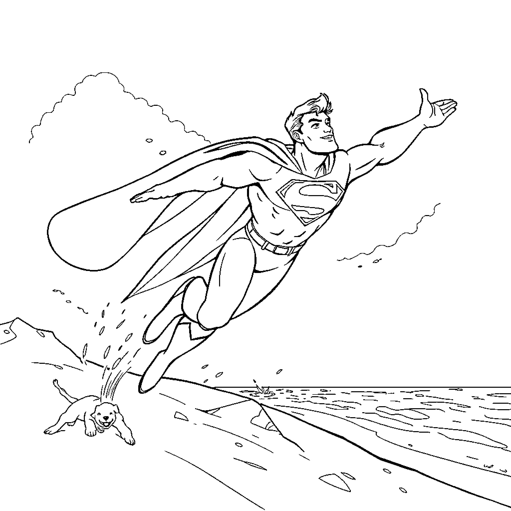 Superman soaring through the sky on a mission Coloring Page (free black-and-white line drawing printable PDF for all, from beginners to advanced learners, including children, teens, adults, and seniors)