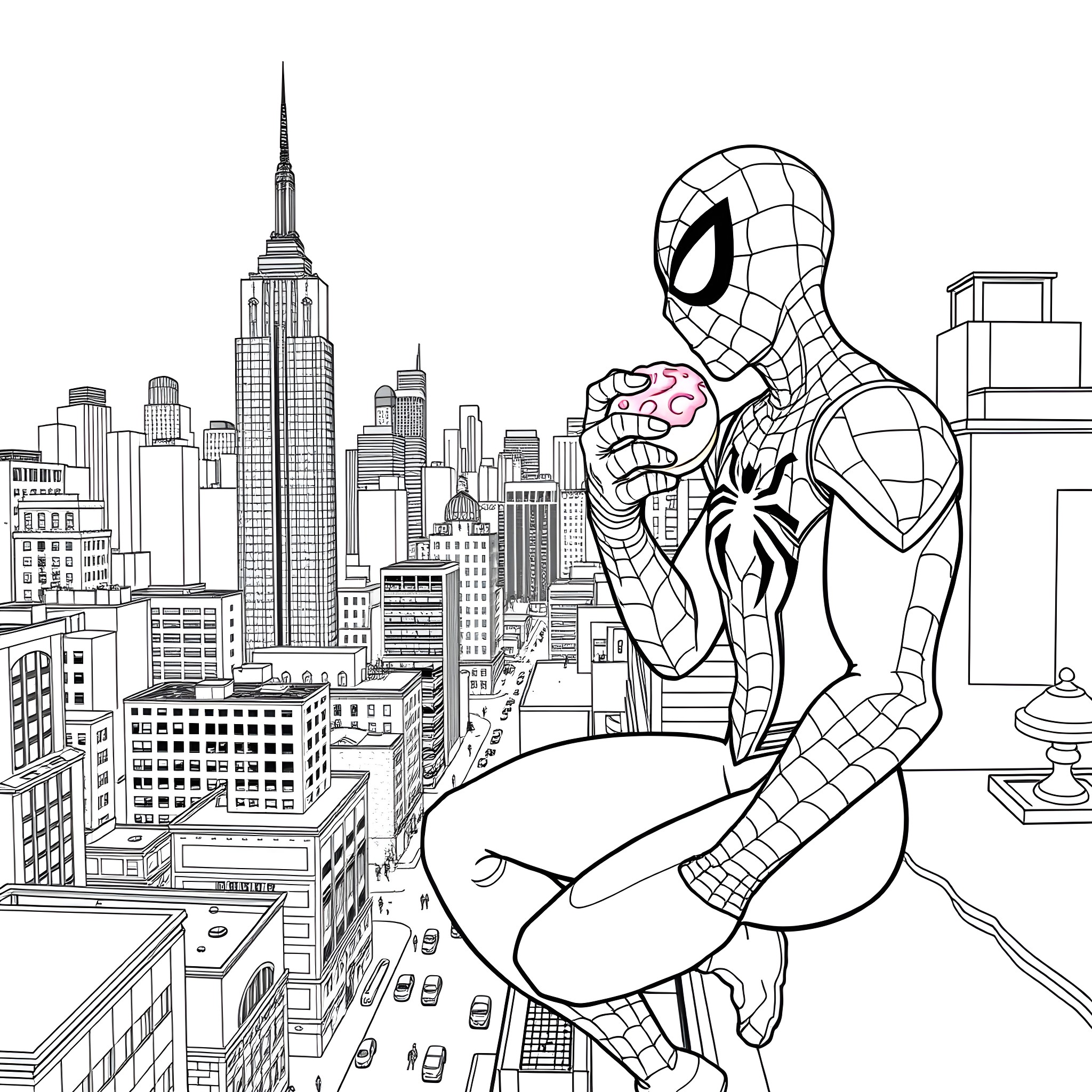 Spider-Man swinging through the cityscape Coloring Page (free black-and-white line drawing printable PDF for all, from beginners to advanced learners, including children, teens, adults, and seniors)