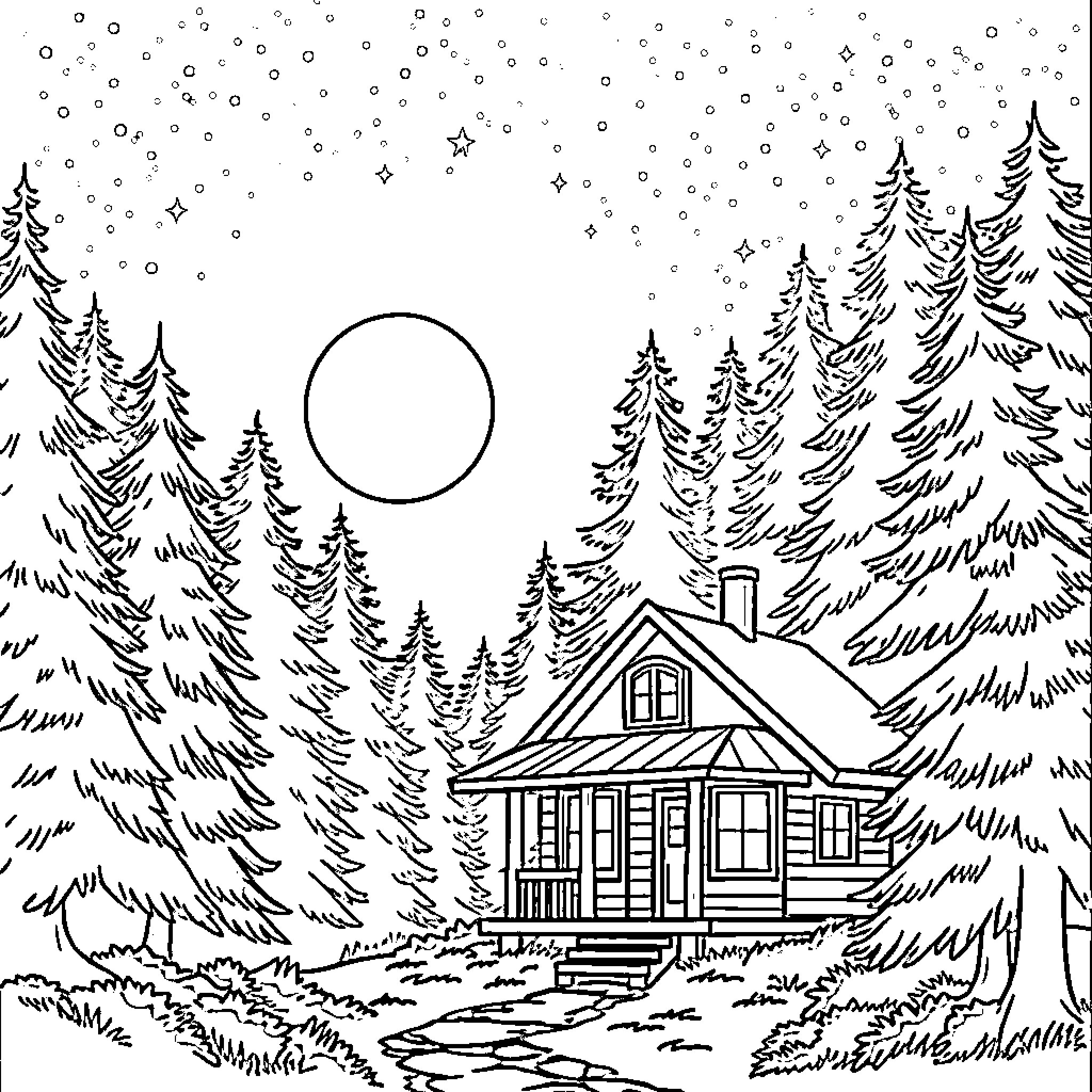 Cabin in the snowy forest Coloring Page (free black-and-white line drawing printable PDF for all, from beginners to advanced learners, including children, teens, adults, and seniors)