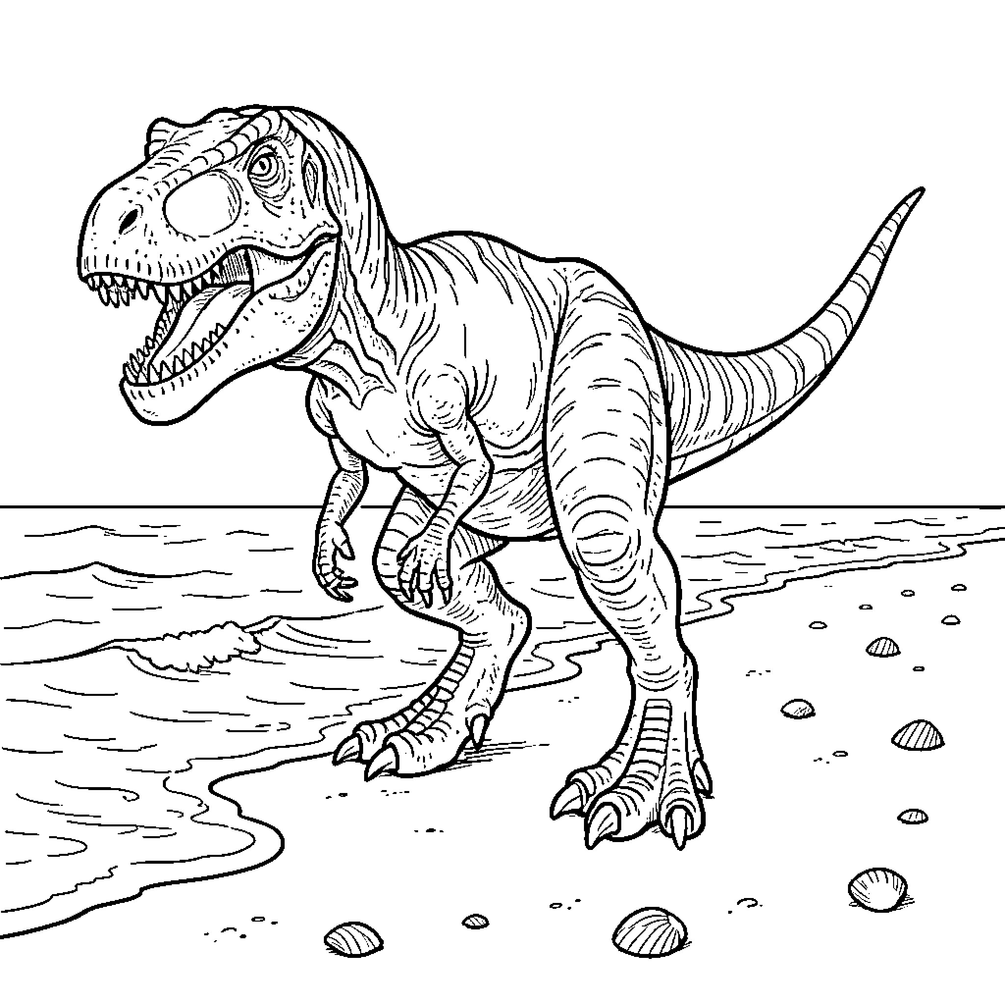 T-Rex walking along a sandy beach shoreline Coloring Page (free black-and-white line drawing printable PDF for all, from beginners to advanced learners, including children, teens, adults, and seniors)