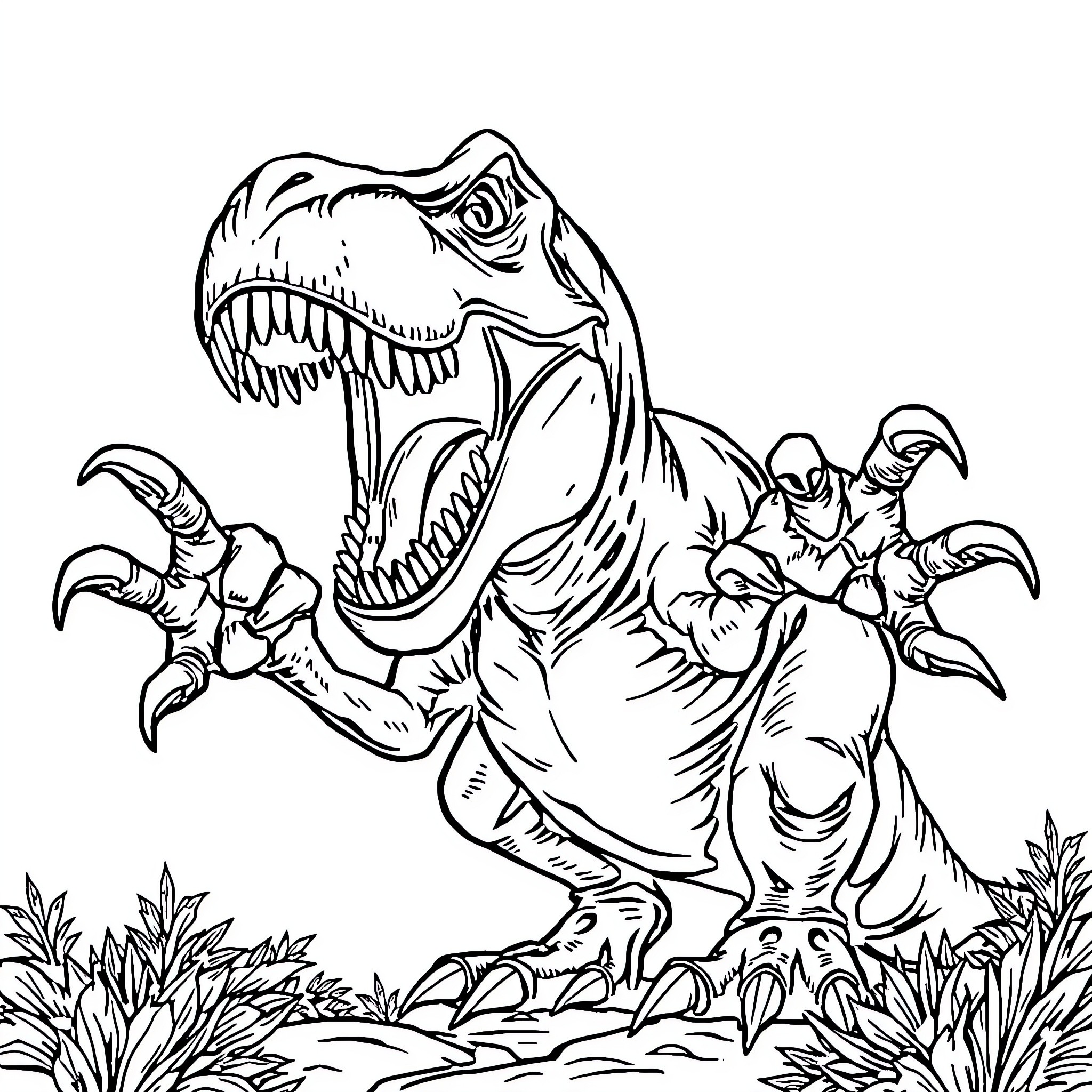 Tyrannosaurus Rex roaring in the wilderness Coloring Page (free black-and-white line drawing printable PDF for all, from beginners to advanced learners, including children, teens, adults, and seniors)