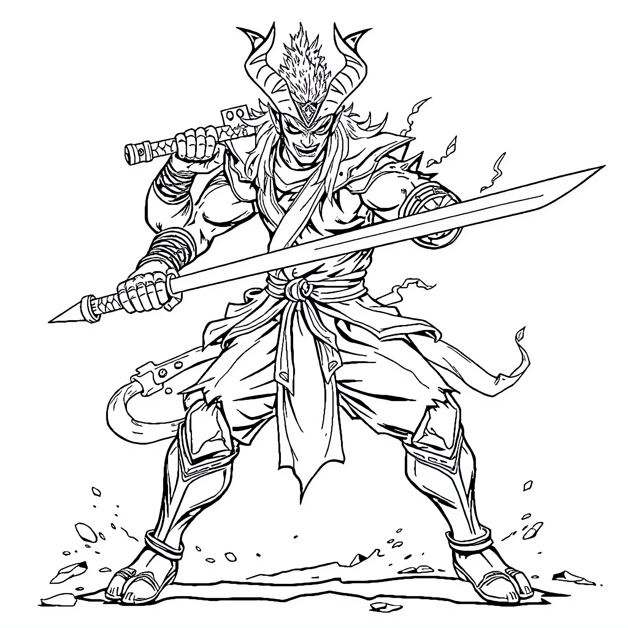 Akaza, the Fierce Demon Wielding Powerful Weapons Coloring Page (free black-and-white line drawing printable PDF for all, from beginners to advanced learners, including children, teens, adults, and seniors)
