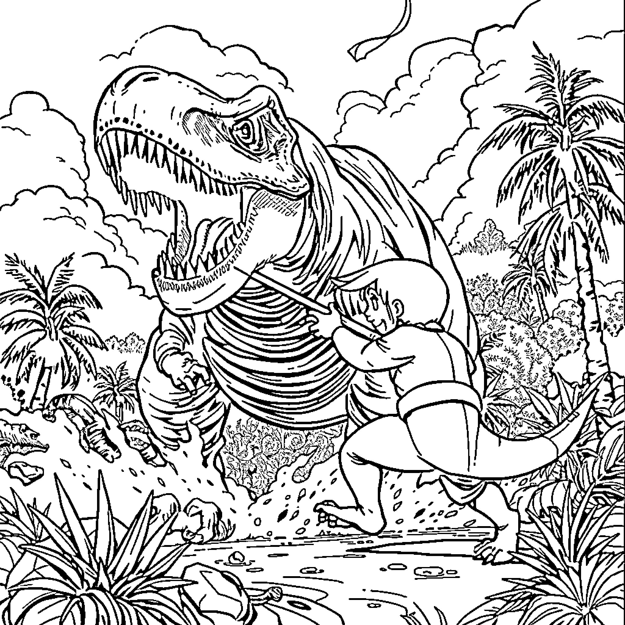 Tralalero Dinosaur in Prehistoric Landscape Coloring Page (free black-and-white line drawing printable PDF for all, from beginners to advanced learners, including children, teens, adults, and seniors)