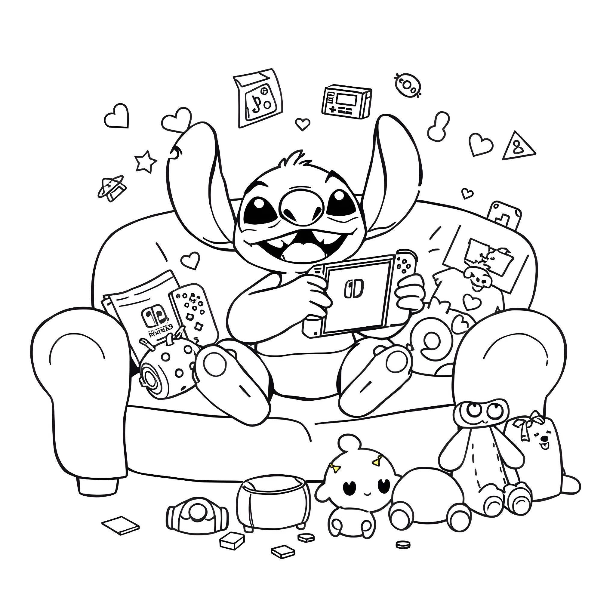 Stitch enjoying video games and toys Coloring Page (free black-and-white line drawing printable PDF for all, from beginners to advanced learners, including children, teens, adults, and seniors)