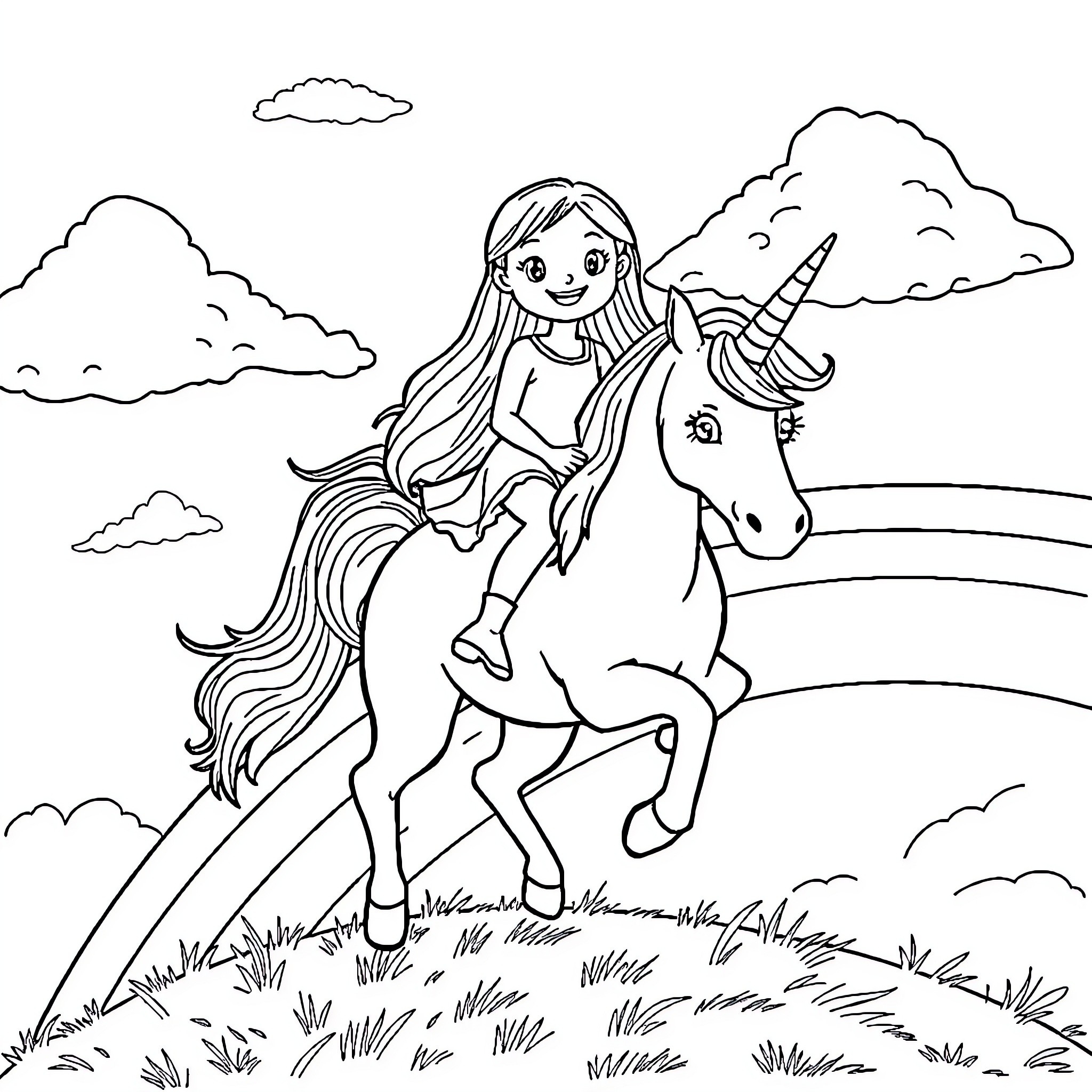 Girl riding a unicorn through a magical landscape Coloring Page (free black-and-white line drawing printable PDF for all, from beginners to advanced learners, including children, teens, adults, and seniors)