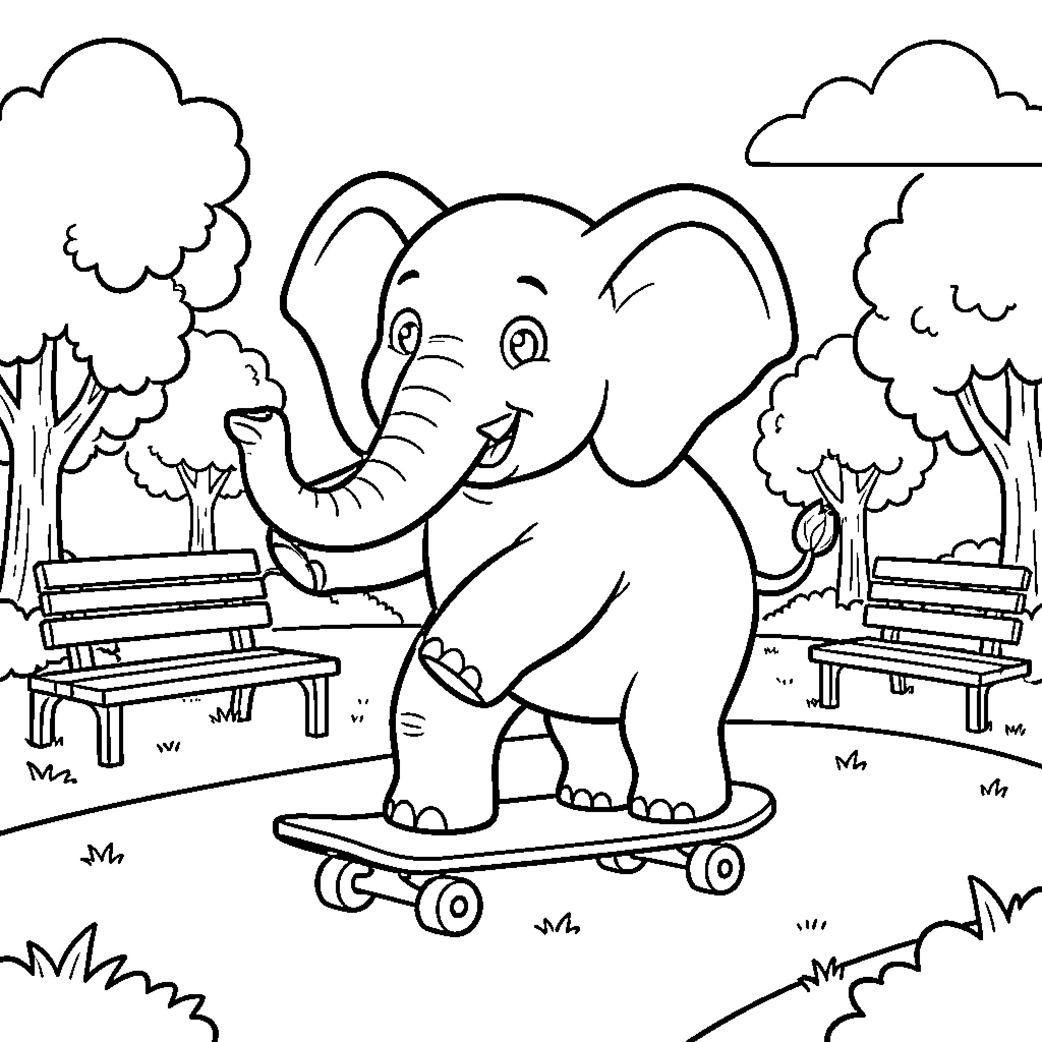 Elephant riding skateboard in the park Coloring Page (free black-and-white line drawing printable PDF for all, from beginners to advanced learners, including children, teens, adults, and seniors)