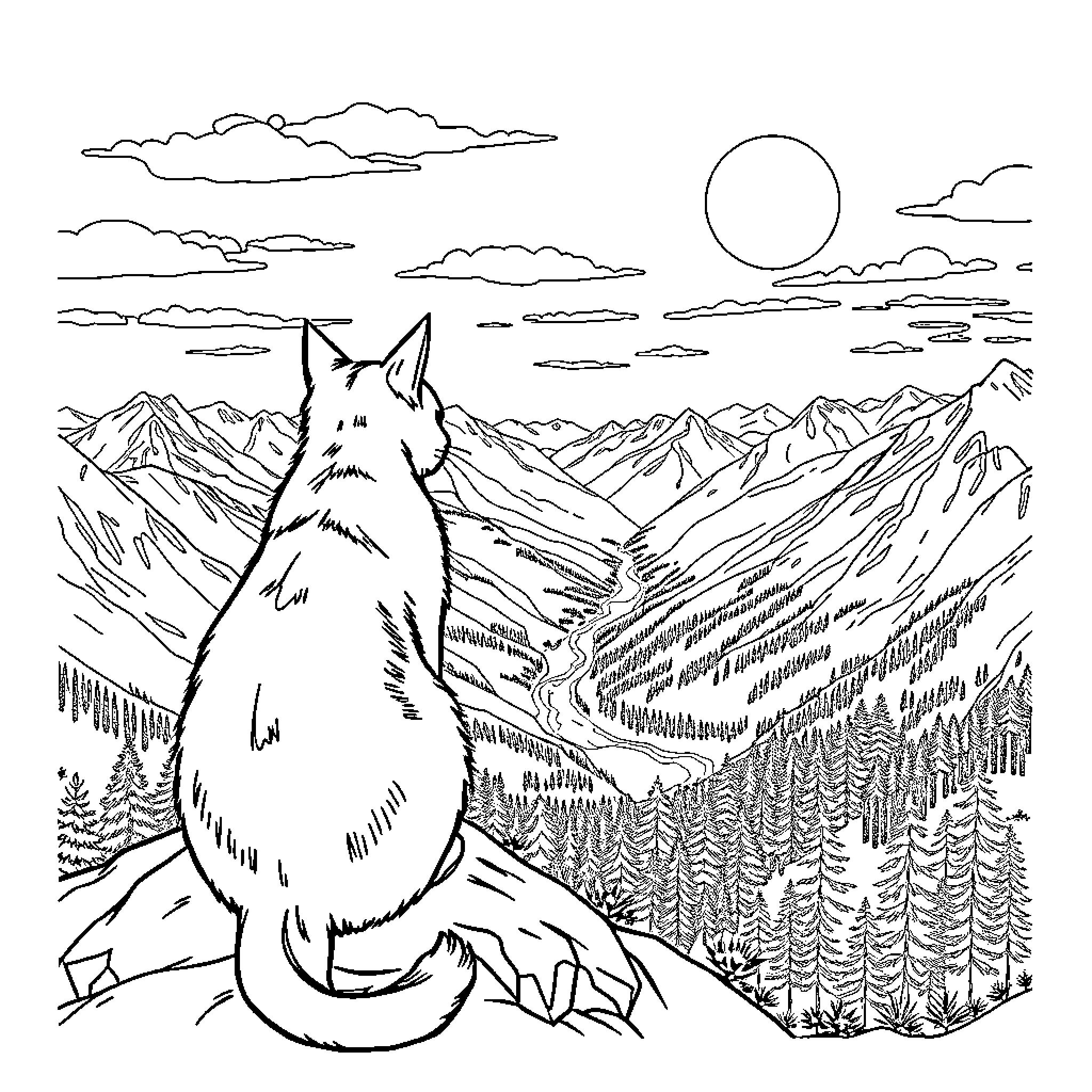Cat gazing over a scenic mountain landscape Coloring Page (free black-and-white line drawing printable PDF for all, from beginners to advanced learners, including children, teens, adults, and seniors)