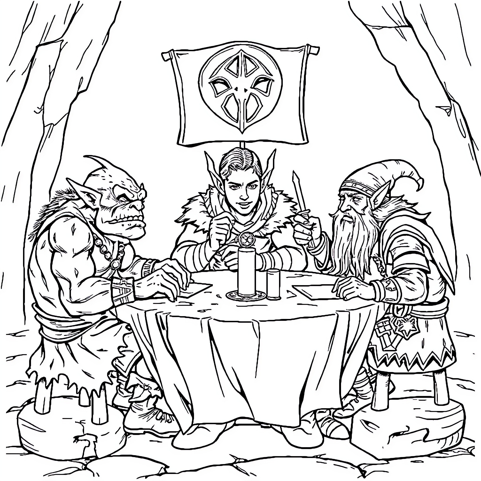 Roleplaying Game Characters in Fantasy Tableau Coloring Page (free black-and-white line drawing printable PDF for all, from beginners to advanced learners, including children, teens, adults, and seniors)