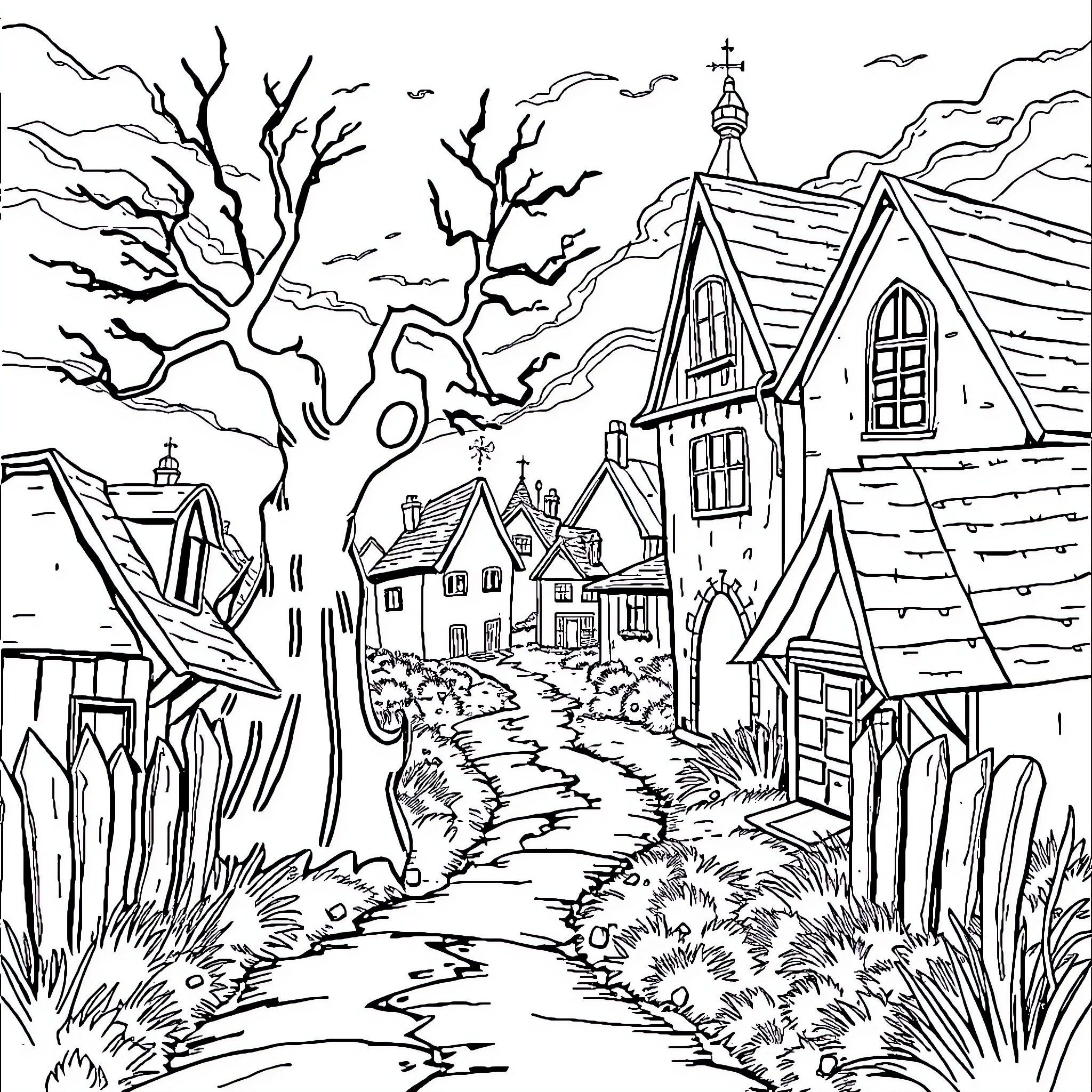 Creeper Village Tranquility Coloring Page (free black-and-white line drawing printable PDF for all, from beginners to advanced learners, including children, teens, adults, and seniors)