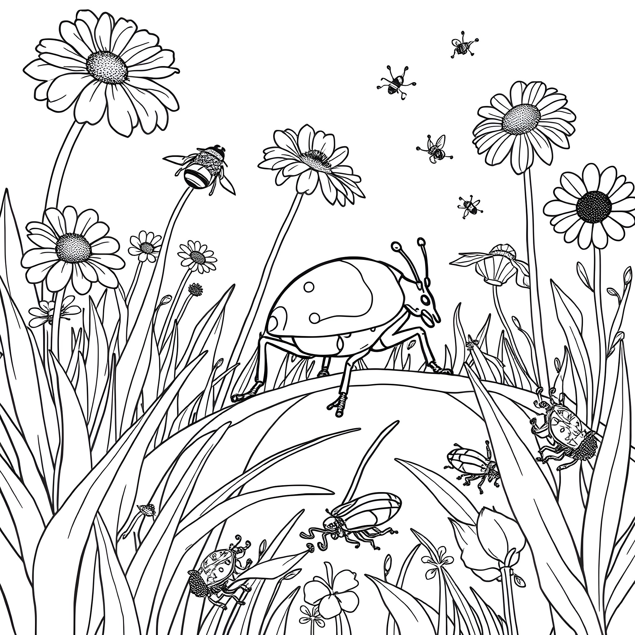 Bug Garden with Flowers and Insects Coloring Page (free black-and-white line drawing printable PDF for all, from beginners to advanced learners, including children, teens, adults, and seniors)
