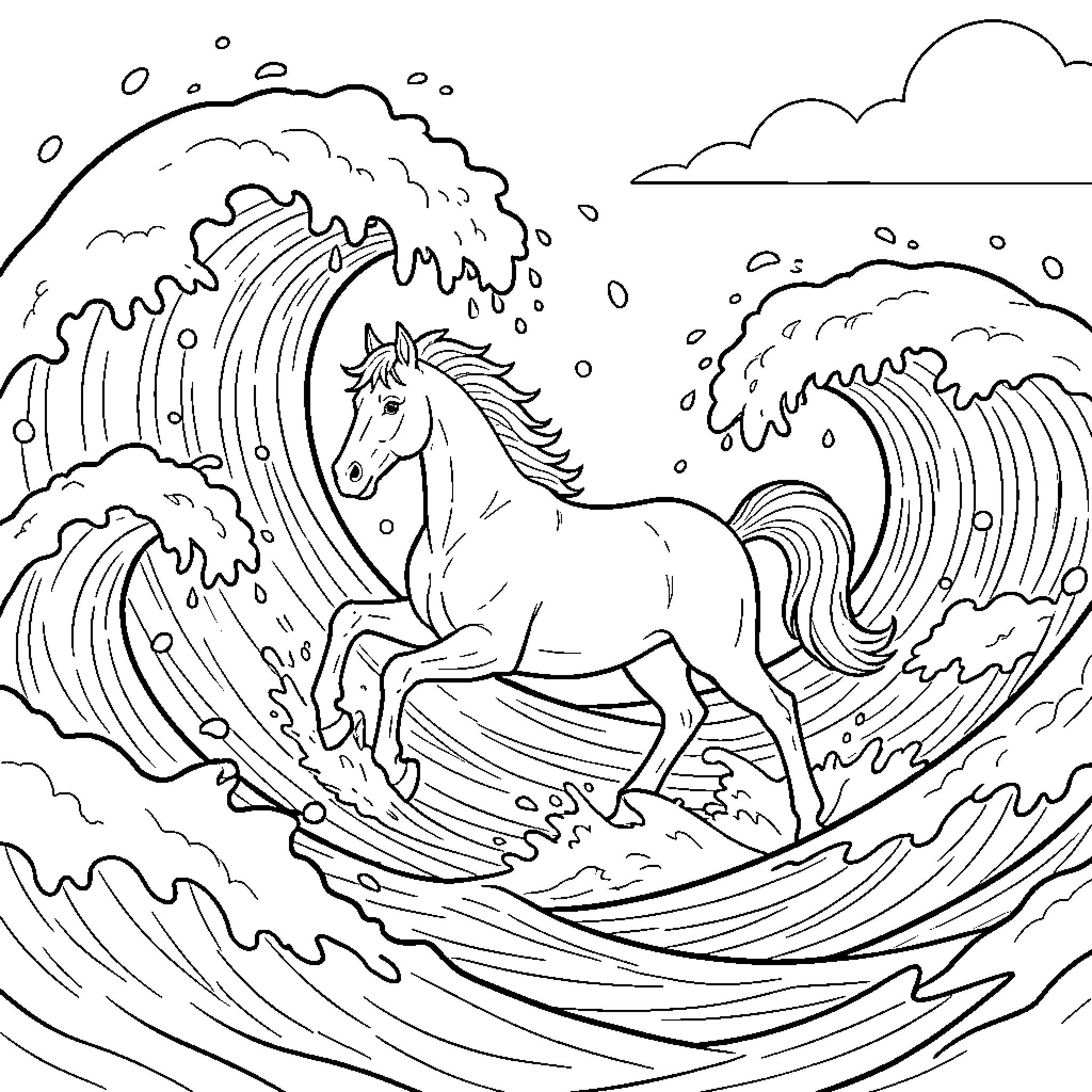 Ice Horse galloping through crashing ocean waves Coloring Page (free black-and-white line drawing printable PDF for all, from beginners to advanced learners, including children, teens, adults, and seniors)