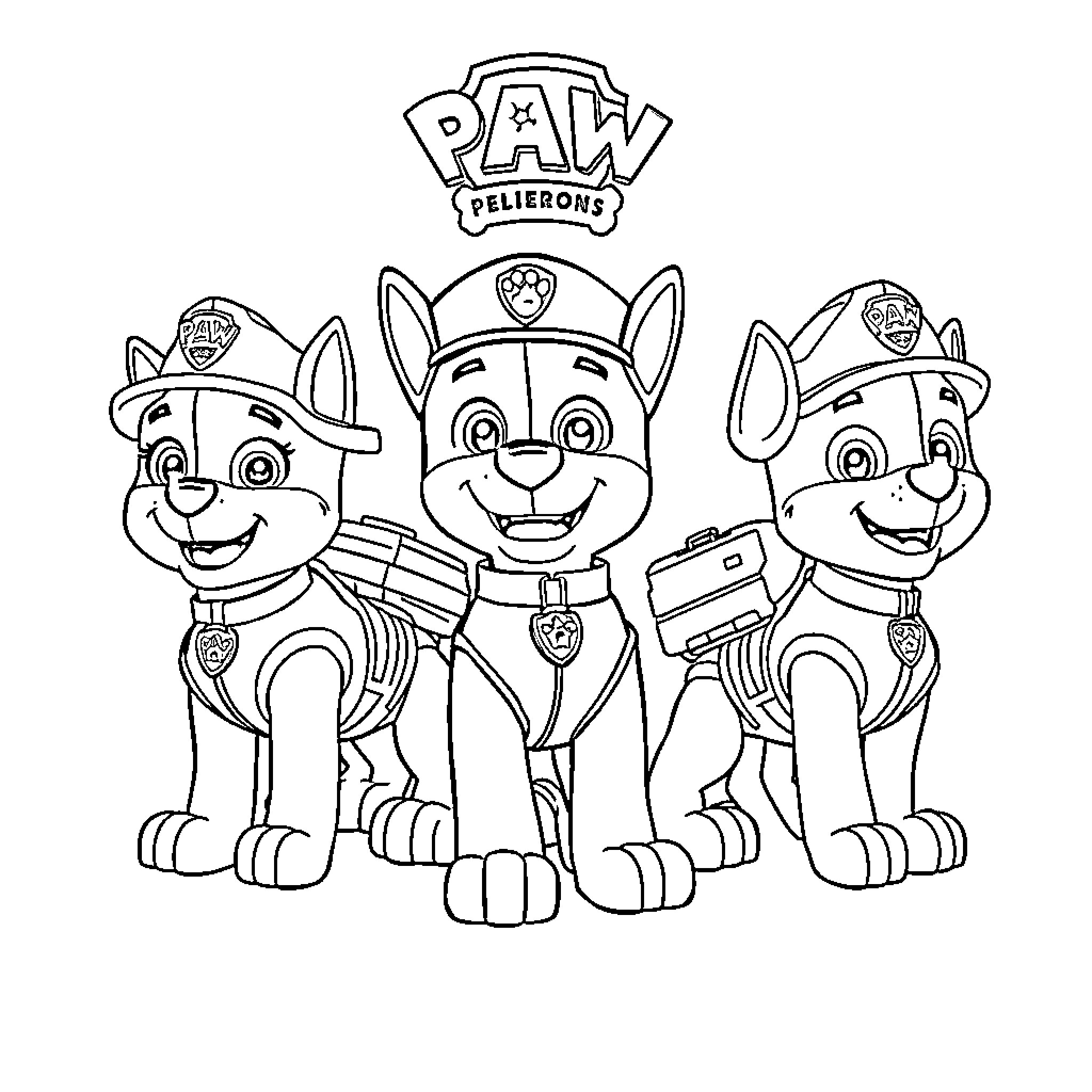 Paw Patrol group portrait with happy pups Coloring Page (free black-and-white line drawing printable PDF for all, from beginners to advanced learners, including children, teens, adults, and seniors)