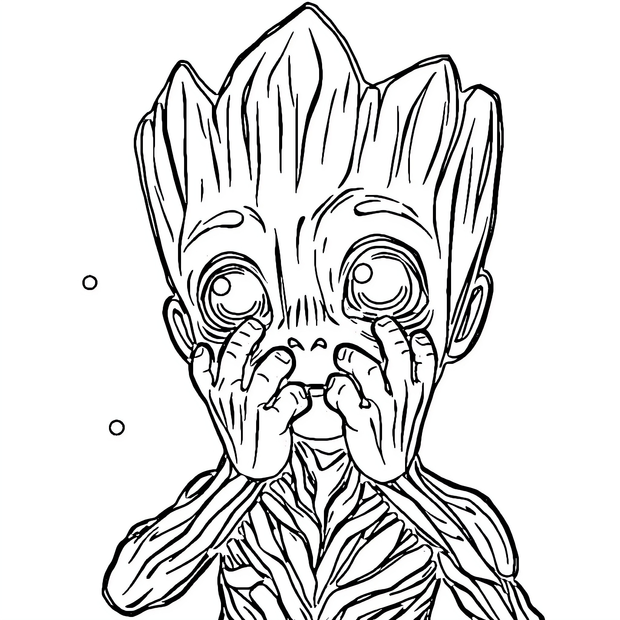 Baby Groot making a silly expression Coloring Page (free black-and-white line drawing printable PDF for all, from beginners to advanced learners, including children, teens, adults, and seniors)