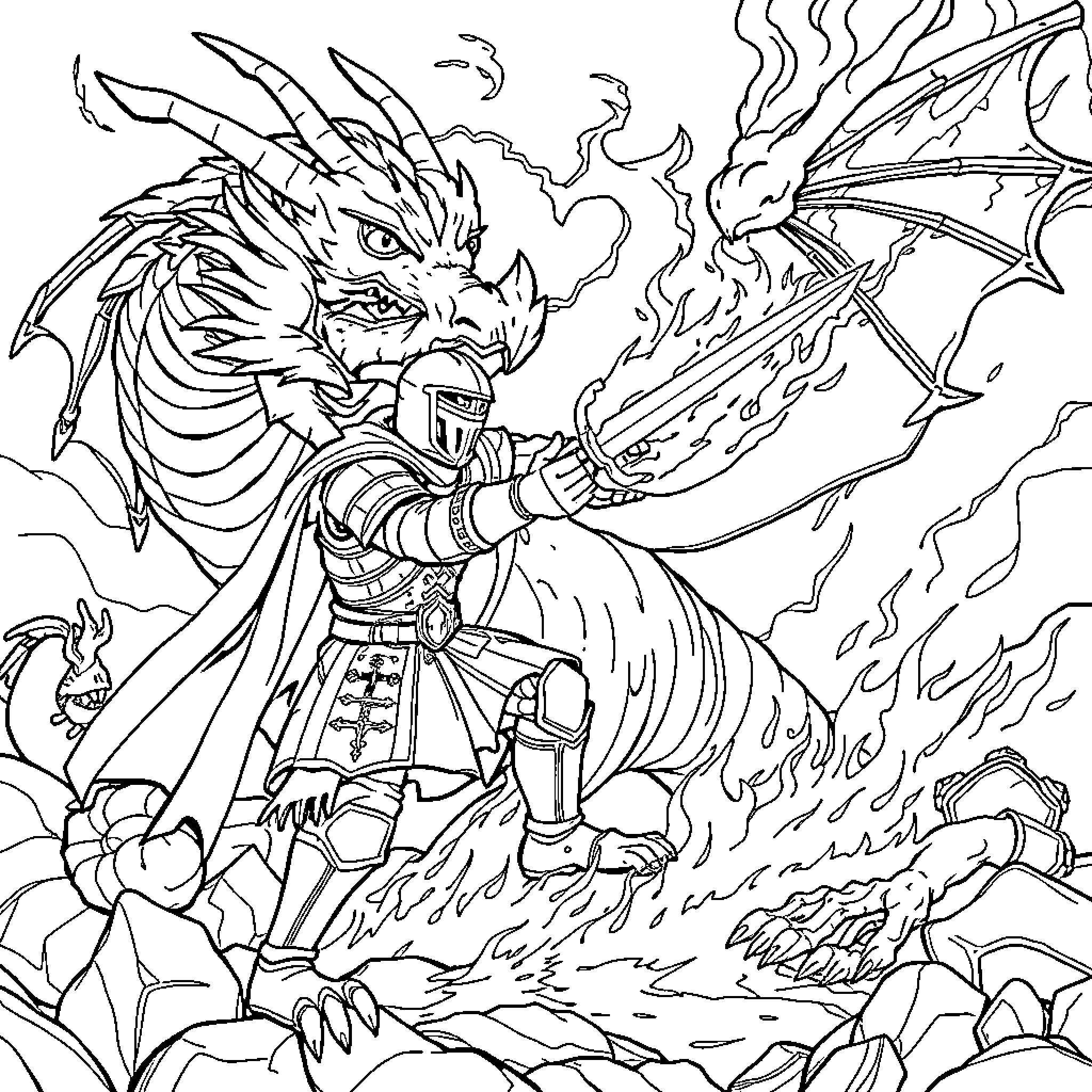 Knight battling fierce dragon with fiery breath Coloring Page (free black-and-white line drawing printable PDF for all, from beginners to advanced learners, including children, teens, adults, and seniors)