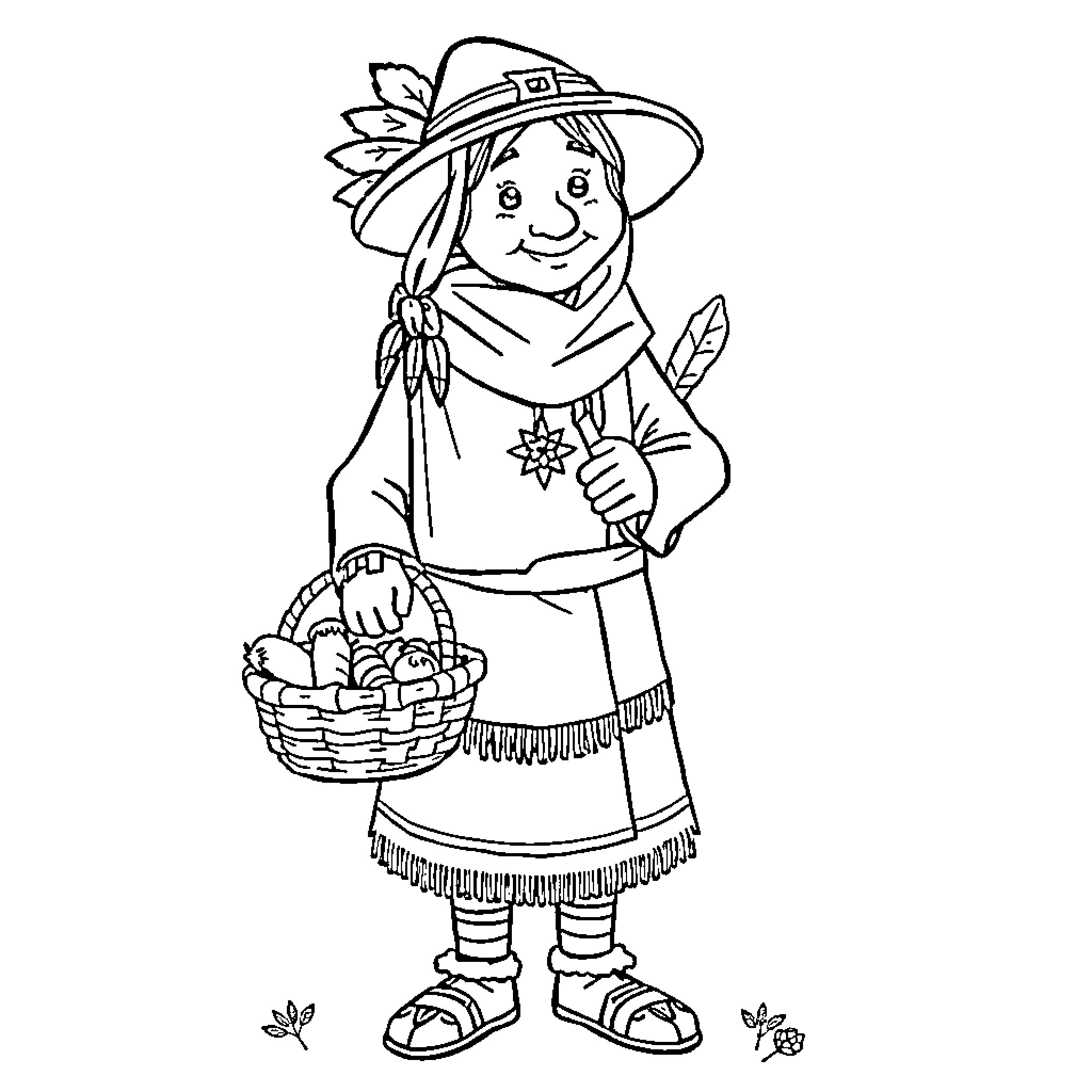 Turkey pilgrim woman with harvest basket Coloring Page (free black-and-white line drawing printable PDF for all, from beginners to advanced learners, including children, teens, adults, and seniors)