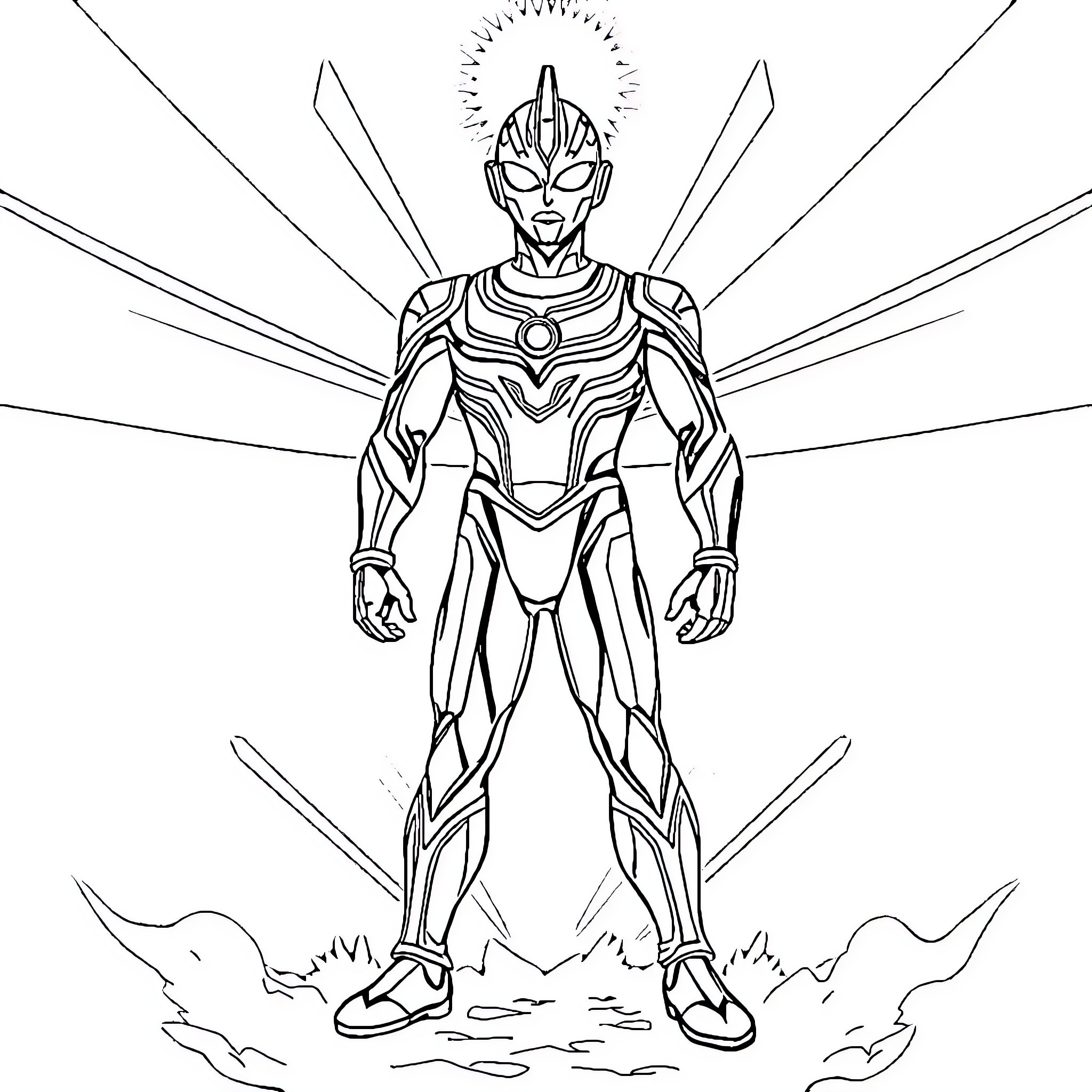 Ultraman in heroic stance with radiant energy Coloring Page (free black-and-white line drawing printable PDF for all, from beginners to advanced learners, including children, teens, adults, and seniors)