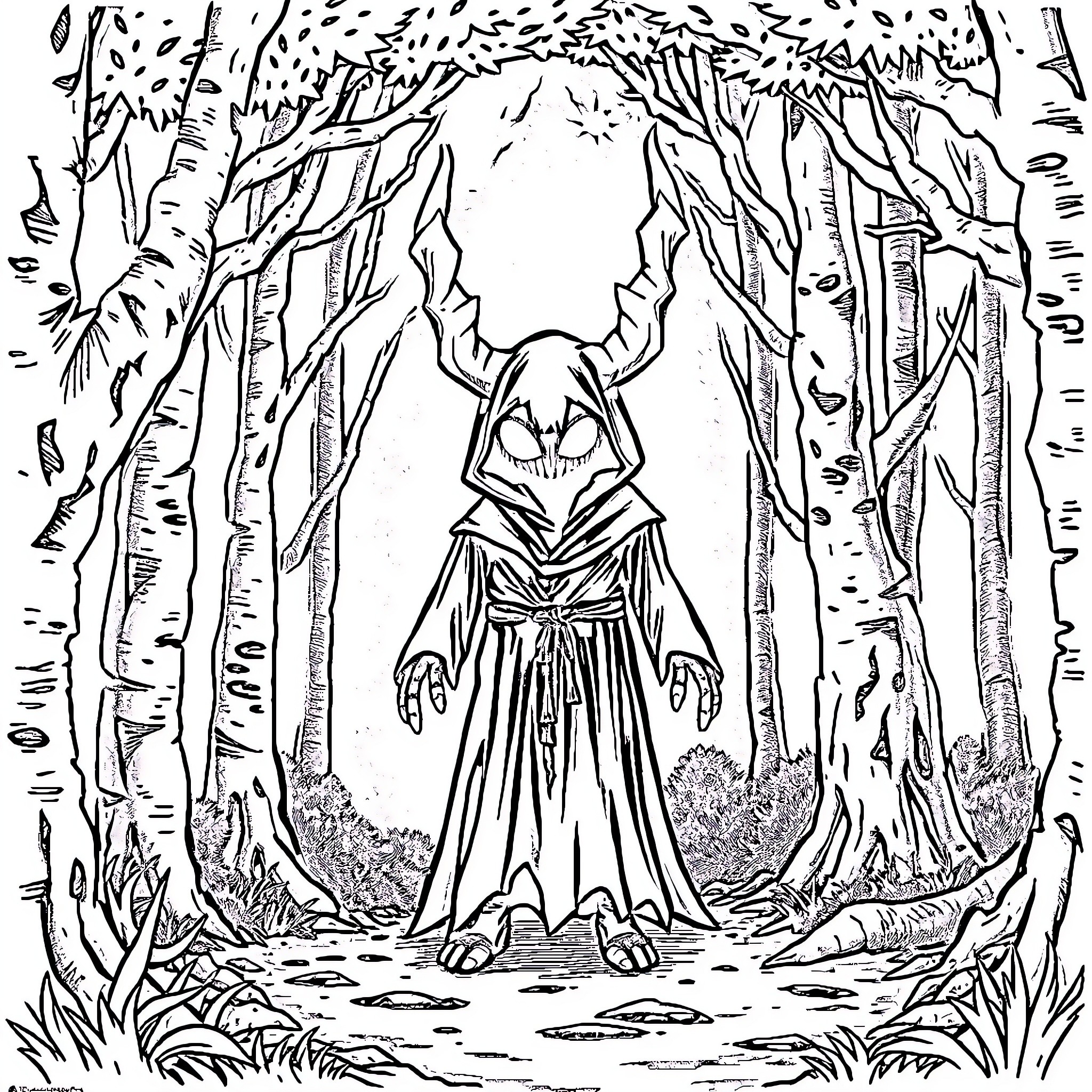 Herobrine's Ominous Presence in the Enchanted Forest Coloring Page (free black-and-white line drawing printable PDF for all, from beginners to advanced learners, including children, teens, adults, and seniors)