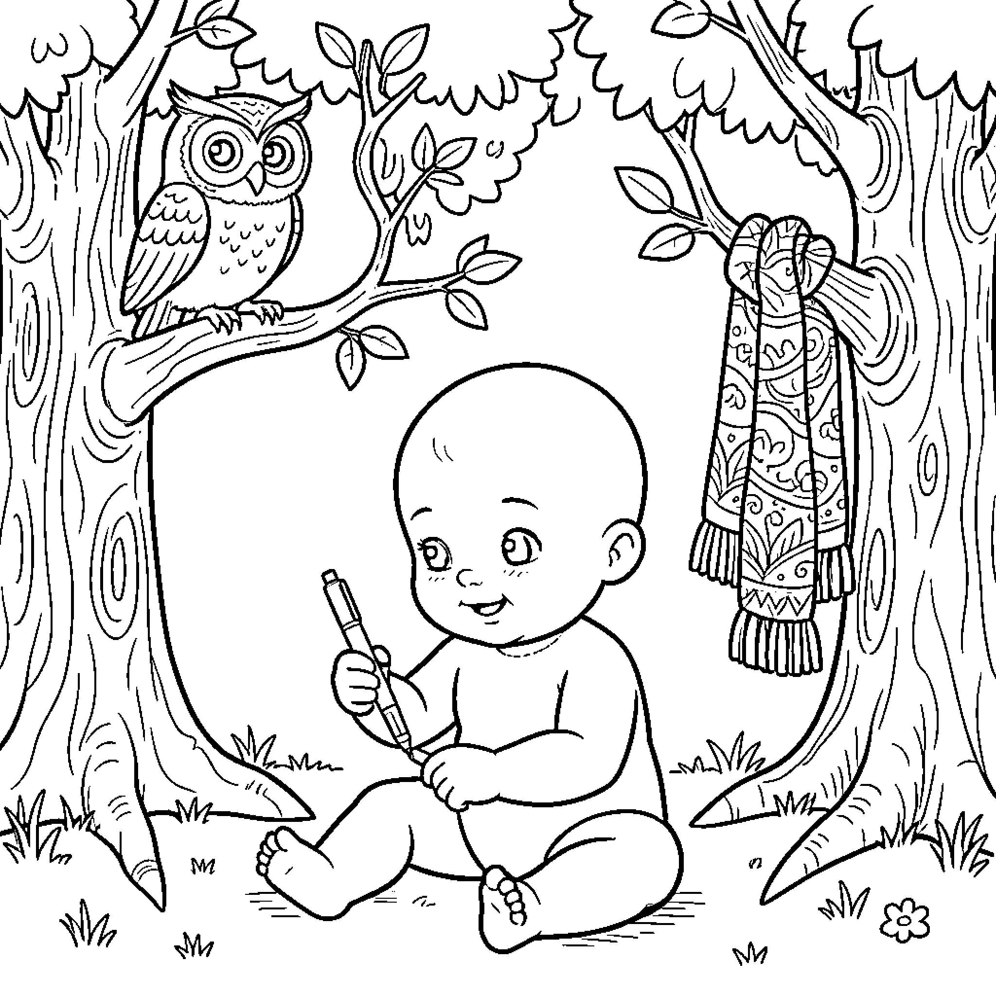 Bebe coloring in a nature scene with owl Coloring Page (free black-and-white line drawing printable PDF for all, from beginners to advanced learners, including children, teens, adults, and seniors)