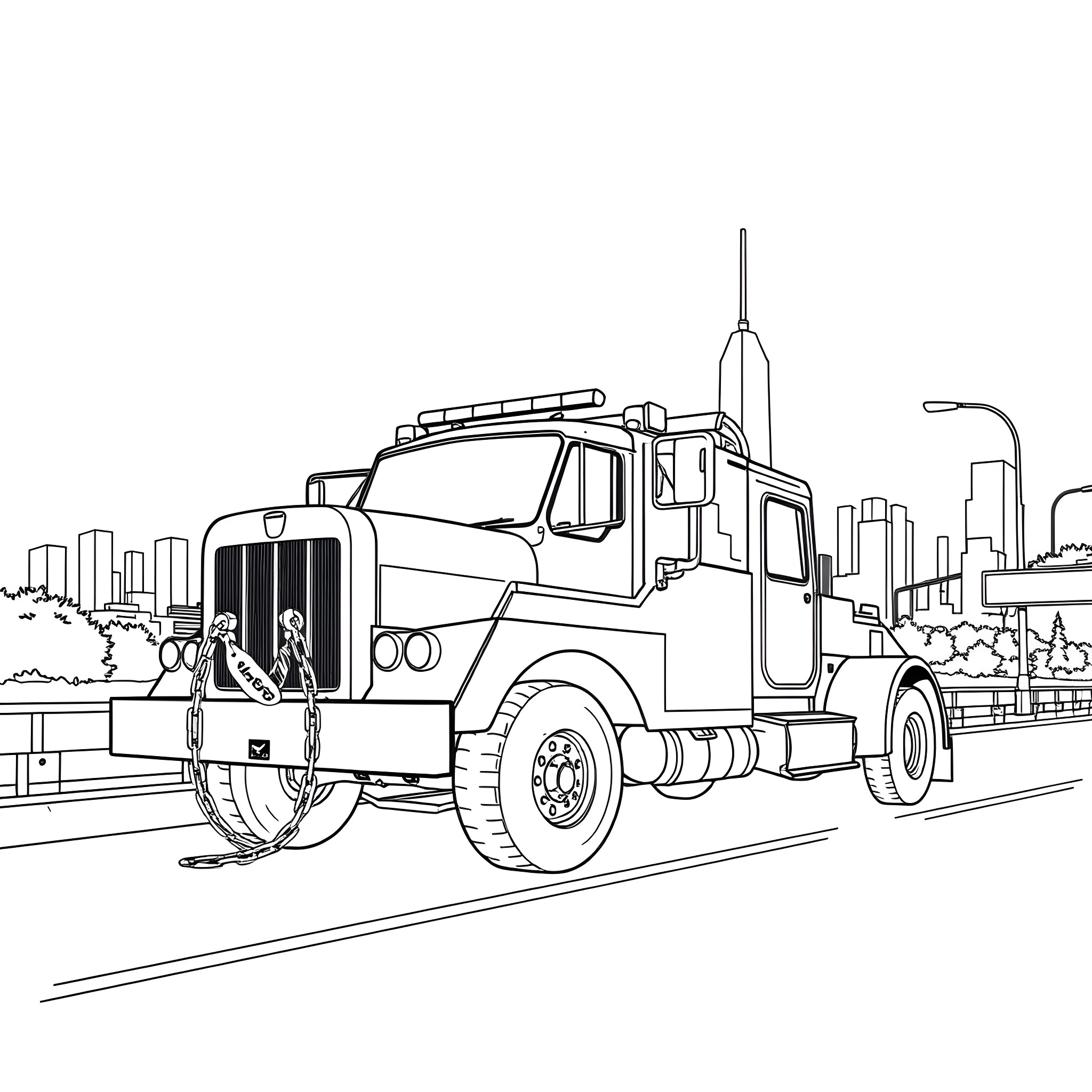 Tow Truck Assisting Stranded Vehicle on City Street Coloring Page (free black-and-white line drawing printable PDF for all, from beginners to advanced learners, including children, teens, adults, and seniors)